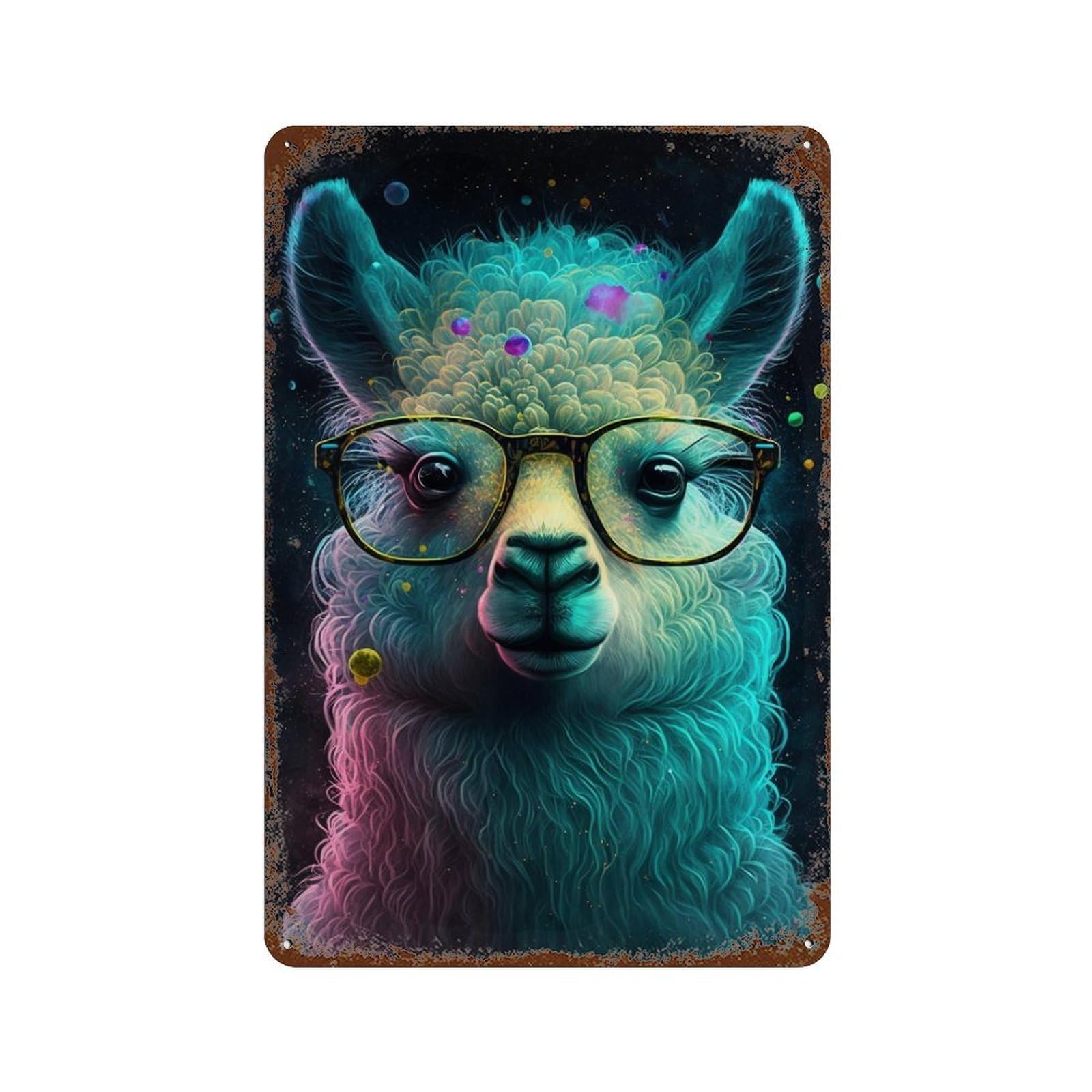 Colorful Llama with Glasses Art Print Vintage Rust Metal Sign 11.8"x7.9", Ideal for Bistro, Counter And Cafe Decor