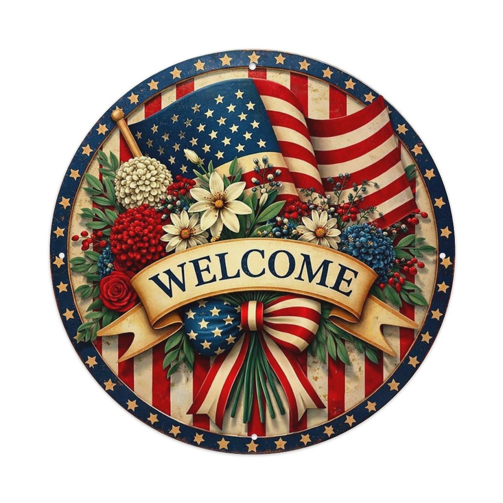 Jdyansheng Vintage Patriotic Floral Welcome Sign Design Tin Sign Metal Poster Metal Signs For Home Man Cave Bar Cafe Kitchen Laundry Room Wall Decorations 8X8 Inches