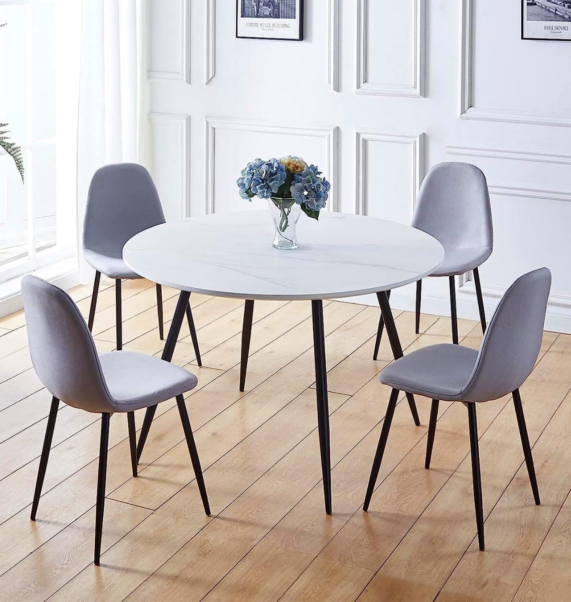 Homcasa Marble Slate Dining Table and Chairs Set 4, Small Round Kitchen