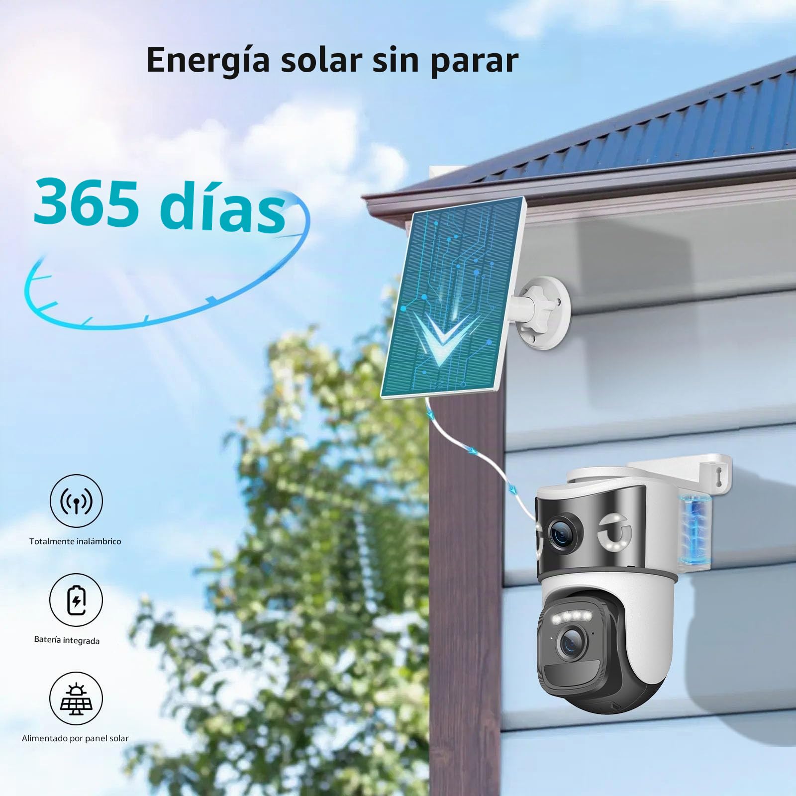 8MP Cámara Vigilancia WiFi Exterior Solar con Doble Lente, Panel Solar 6W, 360° PTZ,Visión Nocturna en Color,Audio Bidireccional,Detección Humana PIR, 2.4GHz,IP66
