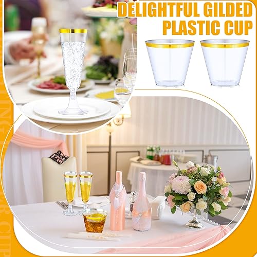Miniatura 5 de Paquete de 100 copas de champán de plástico de 9 onzas, copas de vino desechables transparentes de 5 onzas, copas de champán con borde dorado, copas