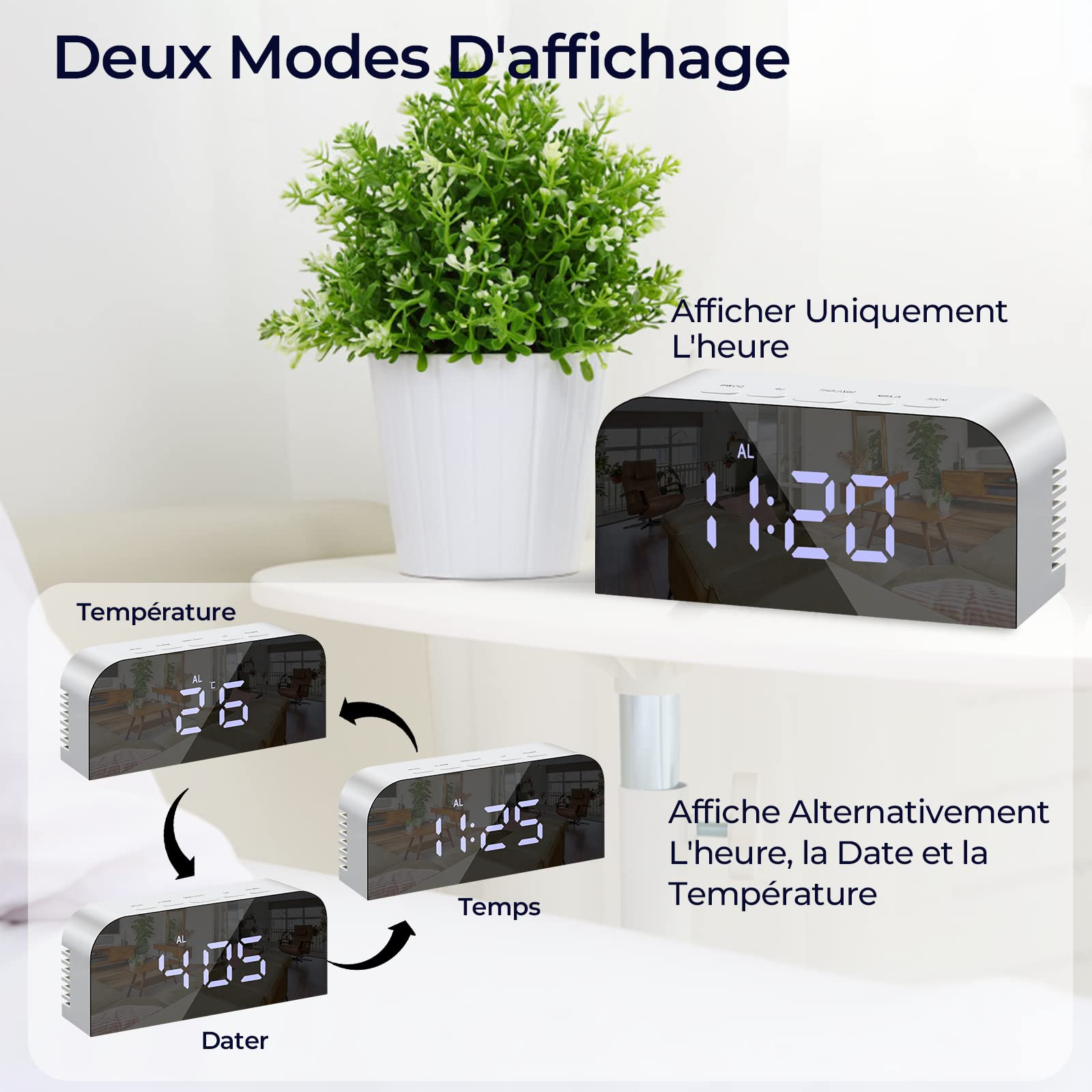 Vinabo Réveil Numérique Miroir LED Horloge Chevet