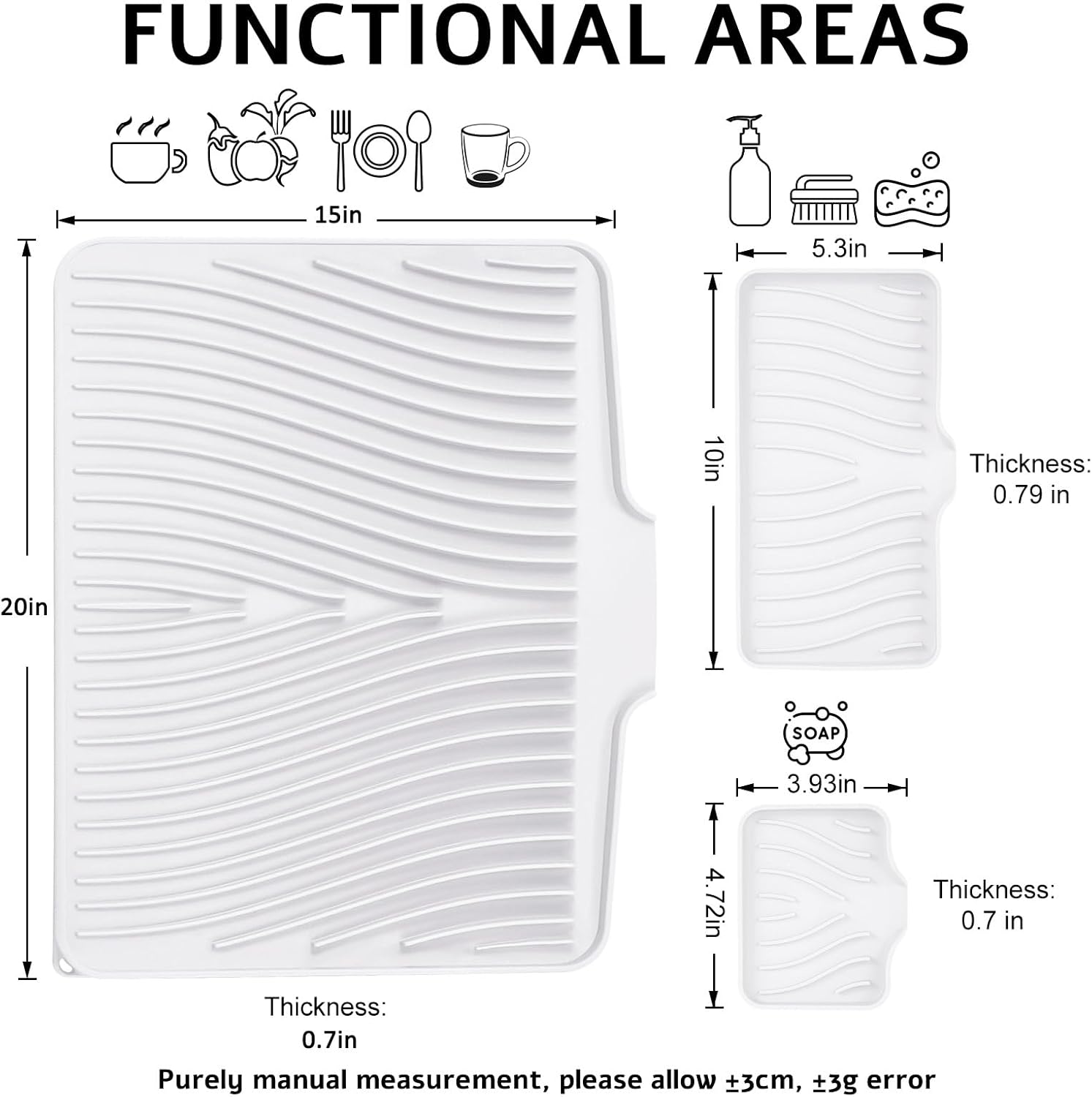Silicone Dish Drying Mat for Kitchen Counter, Dish Drying Pad, Hangable Non-Slip Drain Pad with Built-in Drain, Heat Resistant Stone Drying Mat, White-1Set, 20" x 15"