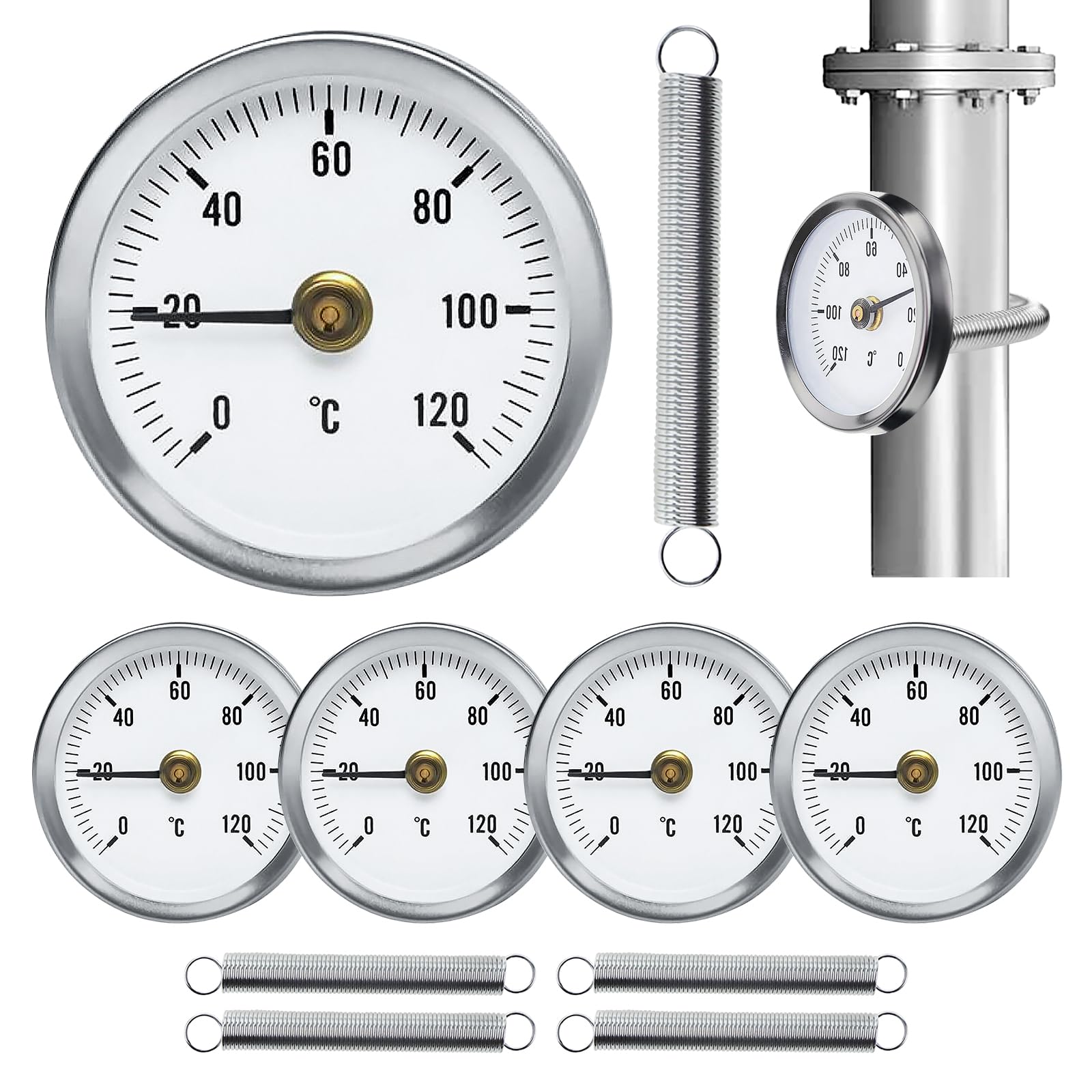 Vegena Lot de 5 thermomètres d'installation pour tuyaux de chauffage, thermomètre tube, affichage de la température avec ressort à clipser, avec ressort de fixation 63 mm, thermomètre pour tube d'eau