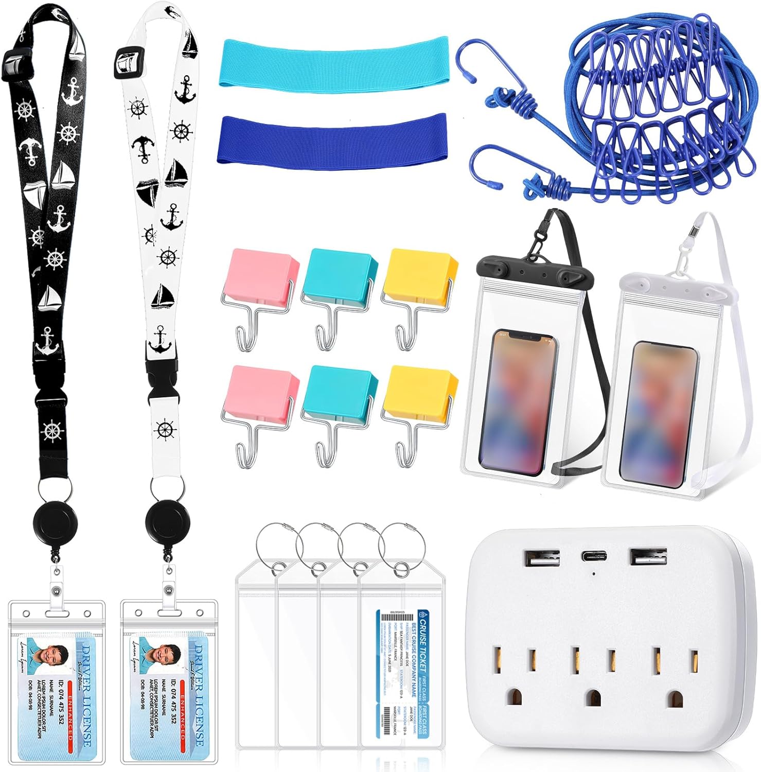 Tenceur 18 Pcs Cruise Essentials Power Strip 6 Hook 2 Card Lanyard 4 Luggage Tag 2 Phone Bag 1 Clothesline 2 Towel Band