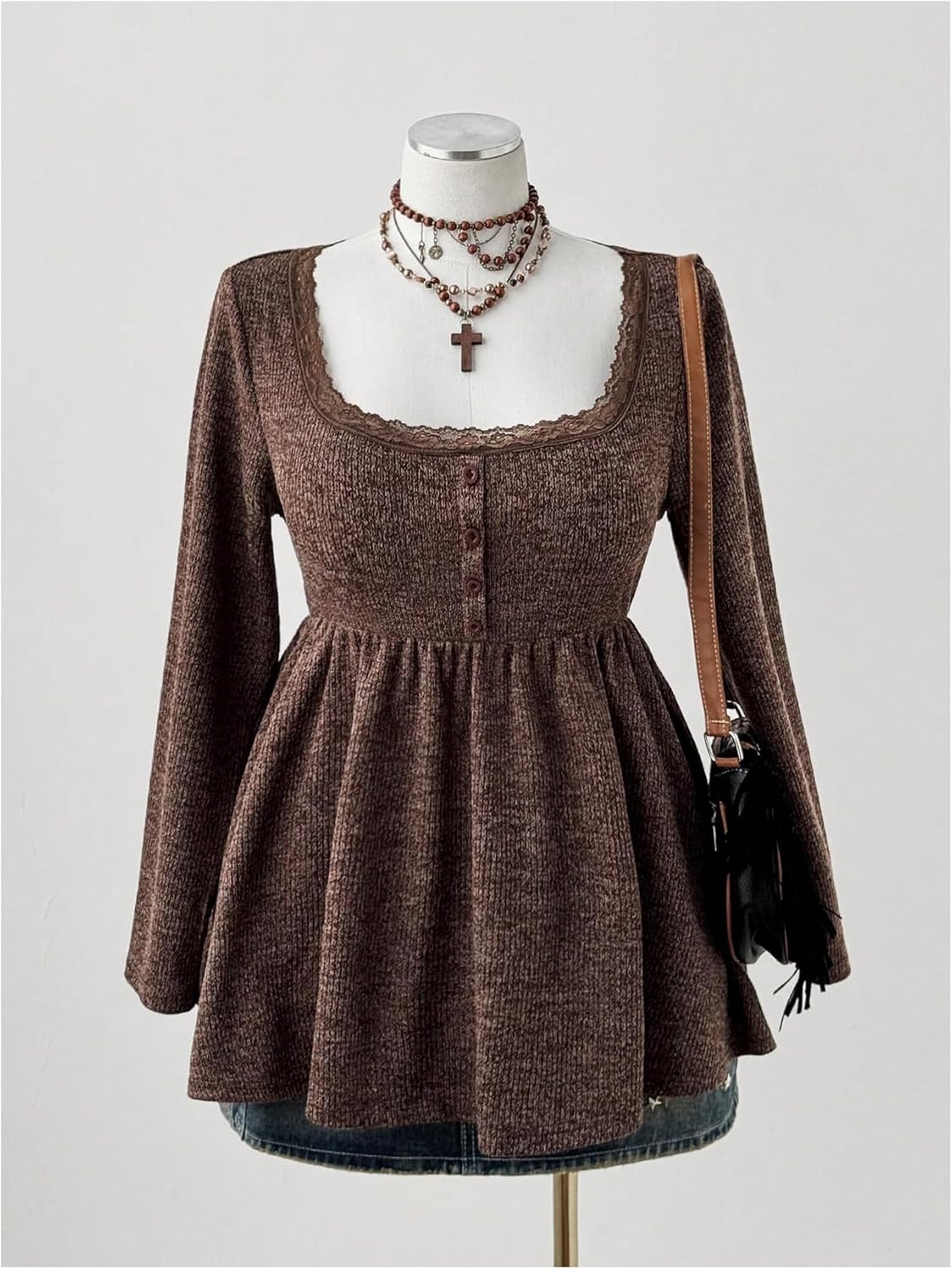 SOLY HUX Women's Plus Size Square Neck Babydoll Sweater Long Sleeve Lace Ruffle Knit Peplum Tops - Image 3