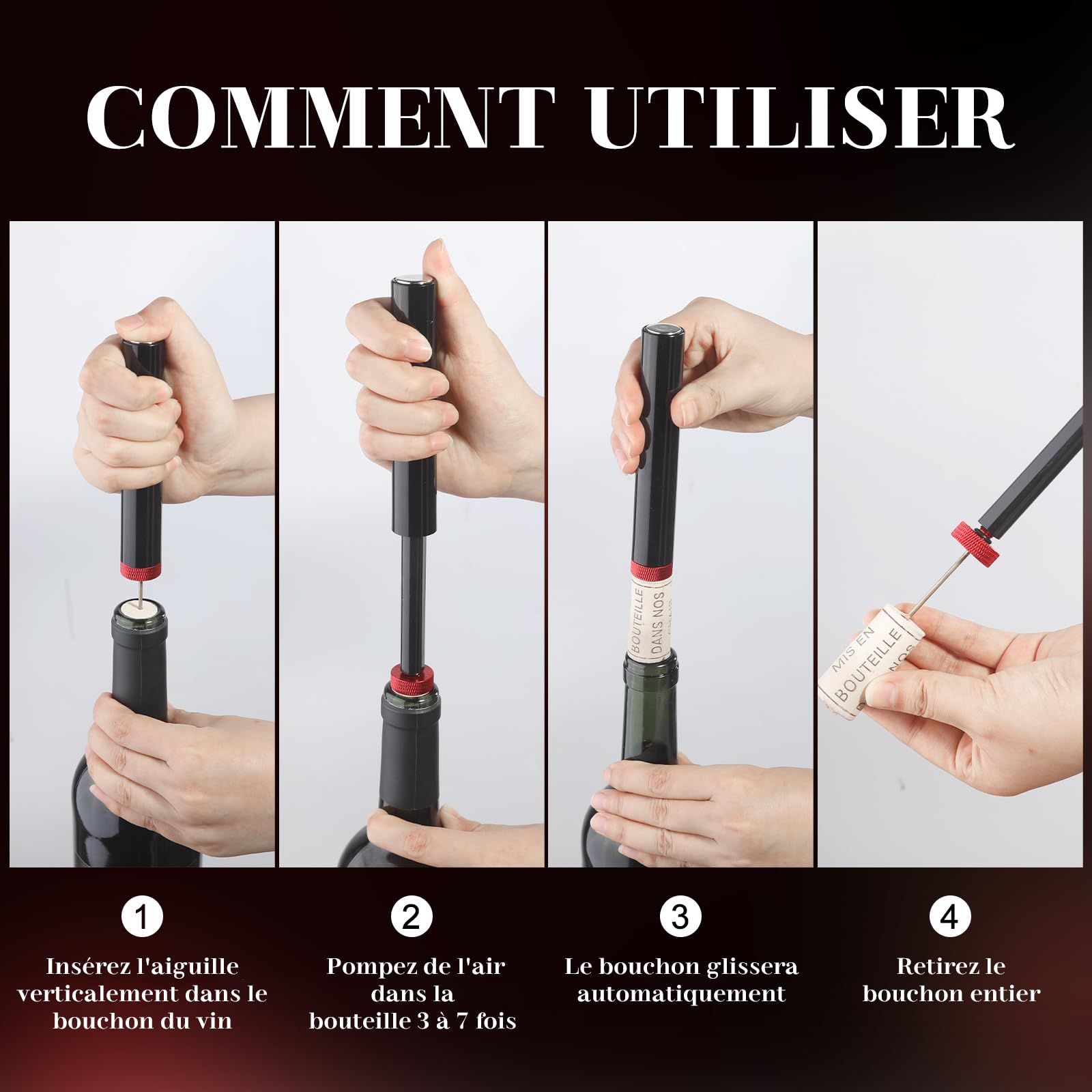 Elegear Tire Bouchon à Pression d'air 7S Décapsuleur Ouvre Bouteille Vin Portable
