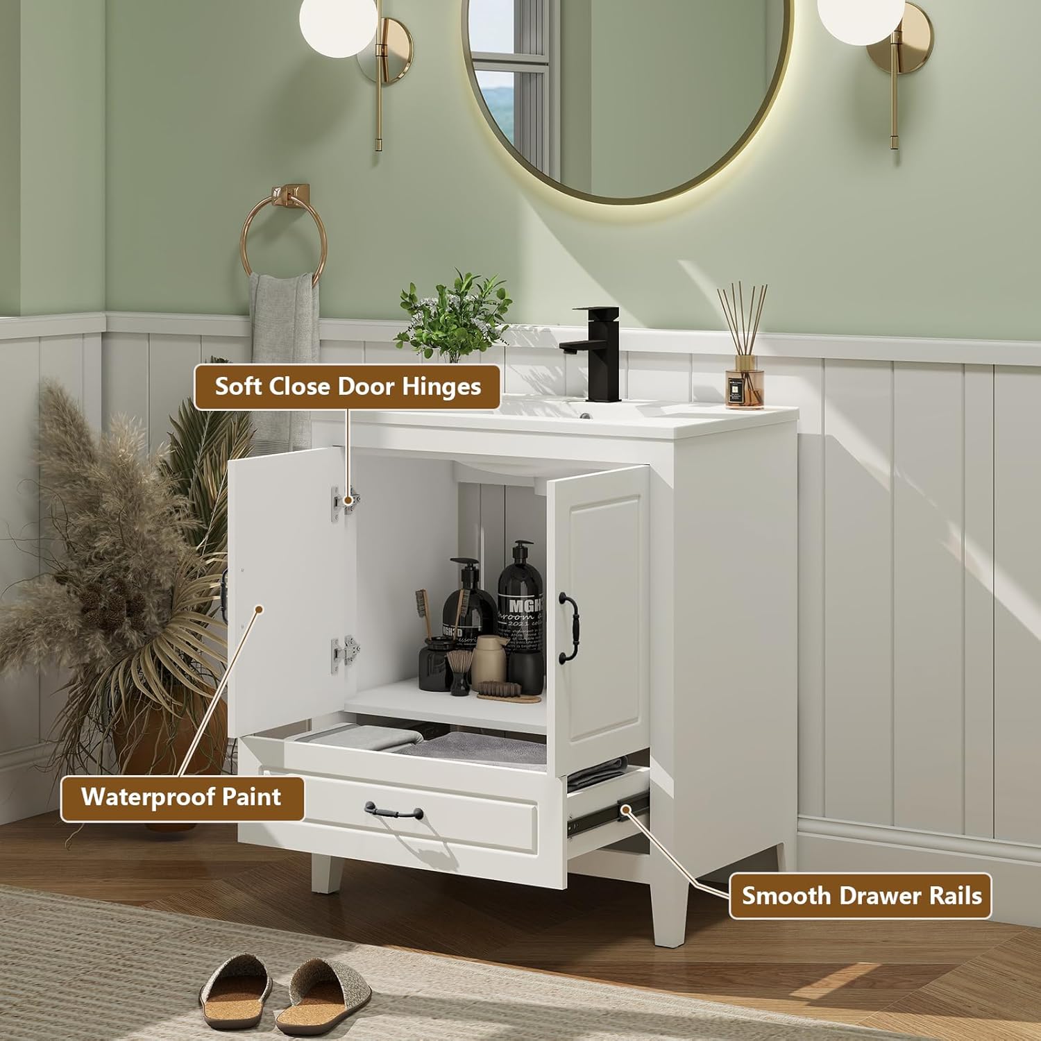 YOURLITE 30” Bathroom Vanity with Ceramic Sink, Painted Surface Freestanding Vanity Cabinet with 2 Soft-Close Doors, 1 Drawers,Matte Black Faucet Drain, Modern Bathroom Furniture