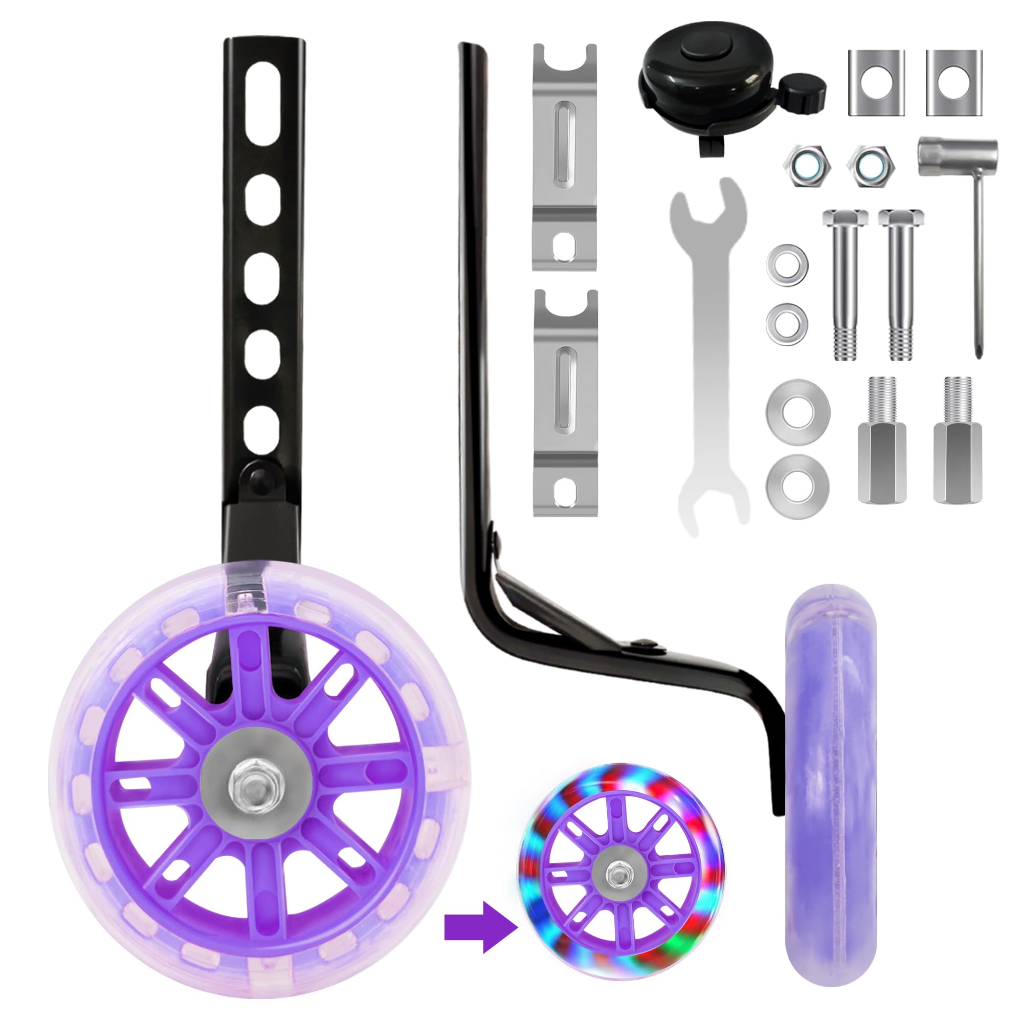 Training Wheels with Flashing Quiet Wheels for Kids' Bikes – Fits 12, 14, 16, 18, and 20 Inch Variable &amp; Single Speed Bicycles - Purple
