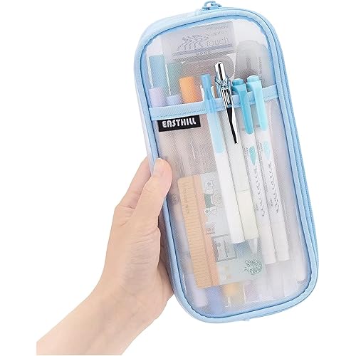 EASTHILL Grid Mesh Pen Pencil Case with Zipper Clear Makeup Color Pouch Cosmetics Bag Multi-Purpose Travel School Teen Girls Transparent Stationary Bag Office Organizer Box for Adluts(Blue)