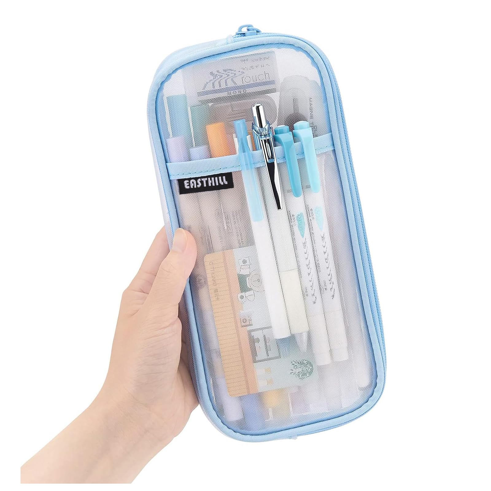 EASTHILL Grid Mesh Pen Pencil Case with Zipper Clear Makeup Color Pouch Cosmetics Bag Multi-Purpose Travel School Teen Girls Transparent Stationary Bag Office Organizer Box for Adluts(Blue)