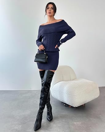 Bebonnie Women's Long Sleeve Cowl Neck Chunky Cable Knit Sexy Bodycon Mini Sweater Short Dress