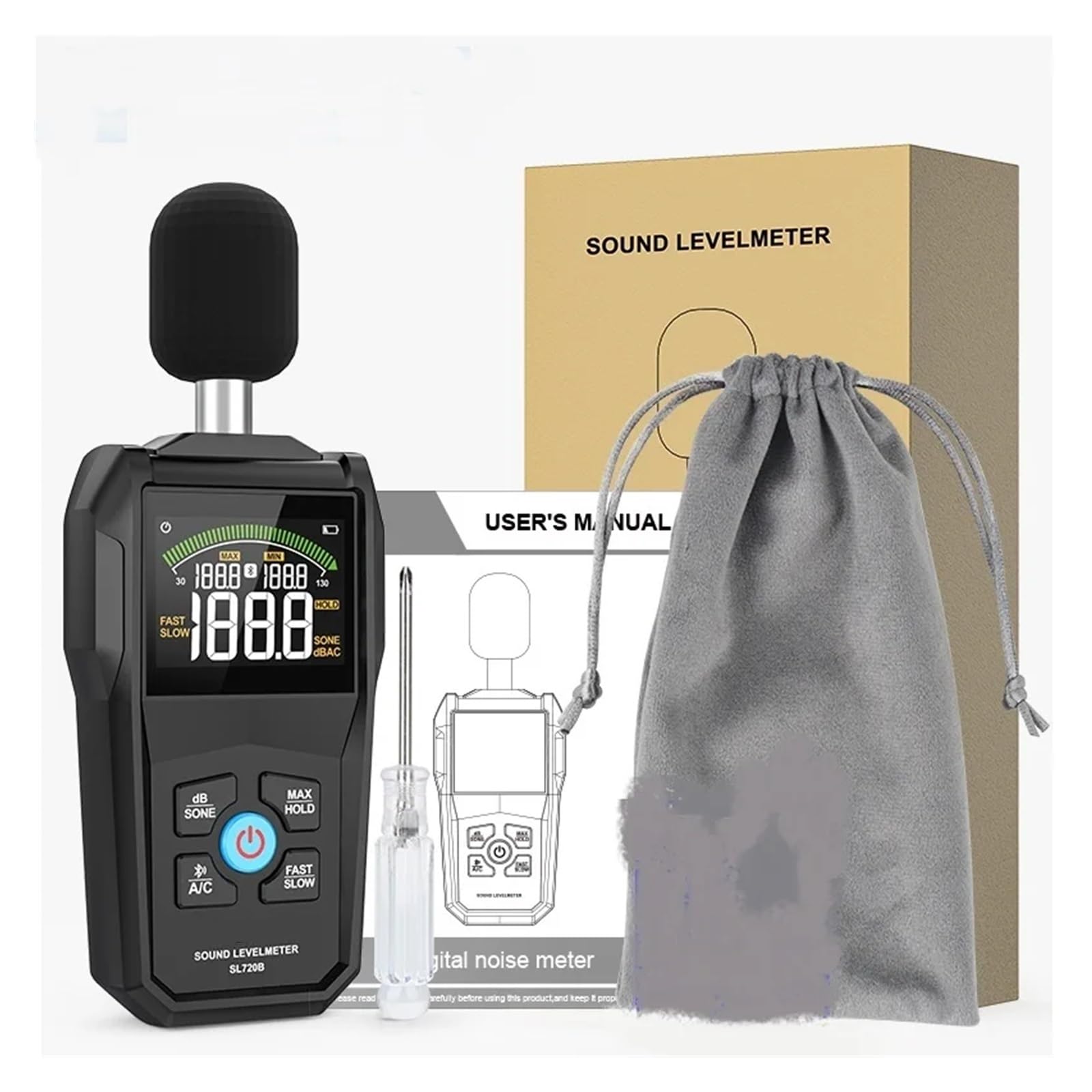 Geräuschpegelmesser, Farbdisplay, schnelle und langsame Abtastrate, Kondensatormikrofon-Monitor, 30–130 dB, Hintergrundbeleuchtung