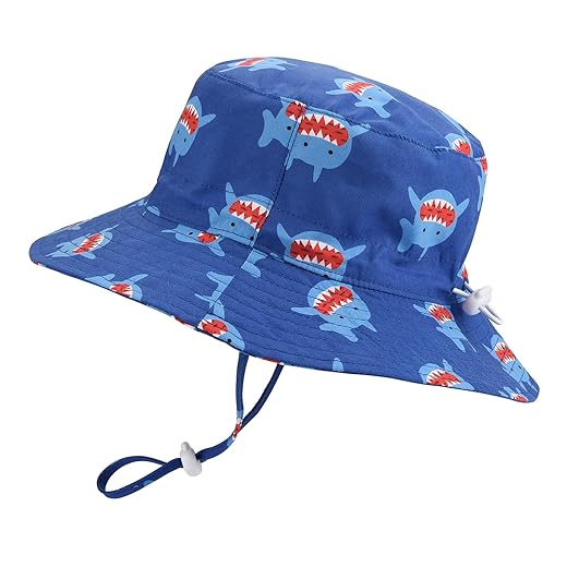 Baby Sun Hat Adjustable - Outdoor Toddler Swim Beach Pool Hat Kids UPF 50+ Wide Brim Chin Strap Summer Play Hat(Shark, 54cm),3-5T