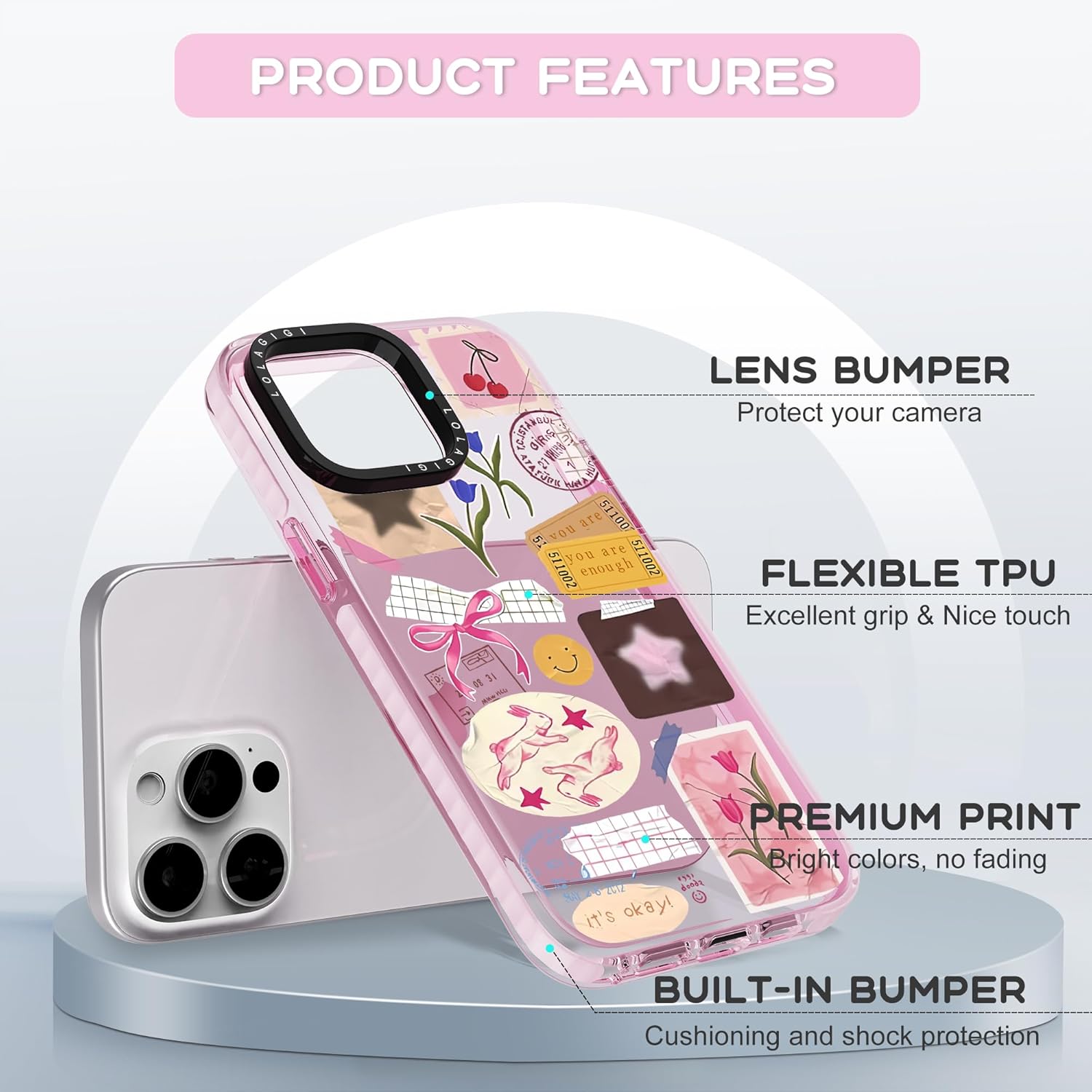 Case for iPhone 15 Plus, Cute Pink Art Collage Print Kawaii Design Girly Aesthetic Cartoon Pattern for Women Girls Teens Soft TPU Case,6.7" - Image 2