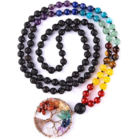 Bivei 108 Mala Beads Necklace Life Tree 7 Chakra Wrap Bracelet Real Healing Gemstone Yoga Meditation Hand Knotted Mala Prayer Bead Necklace