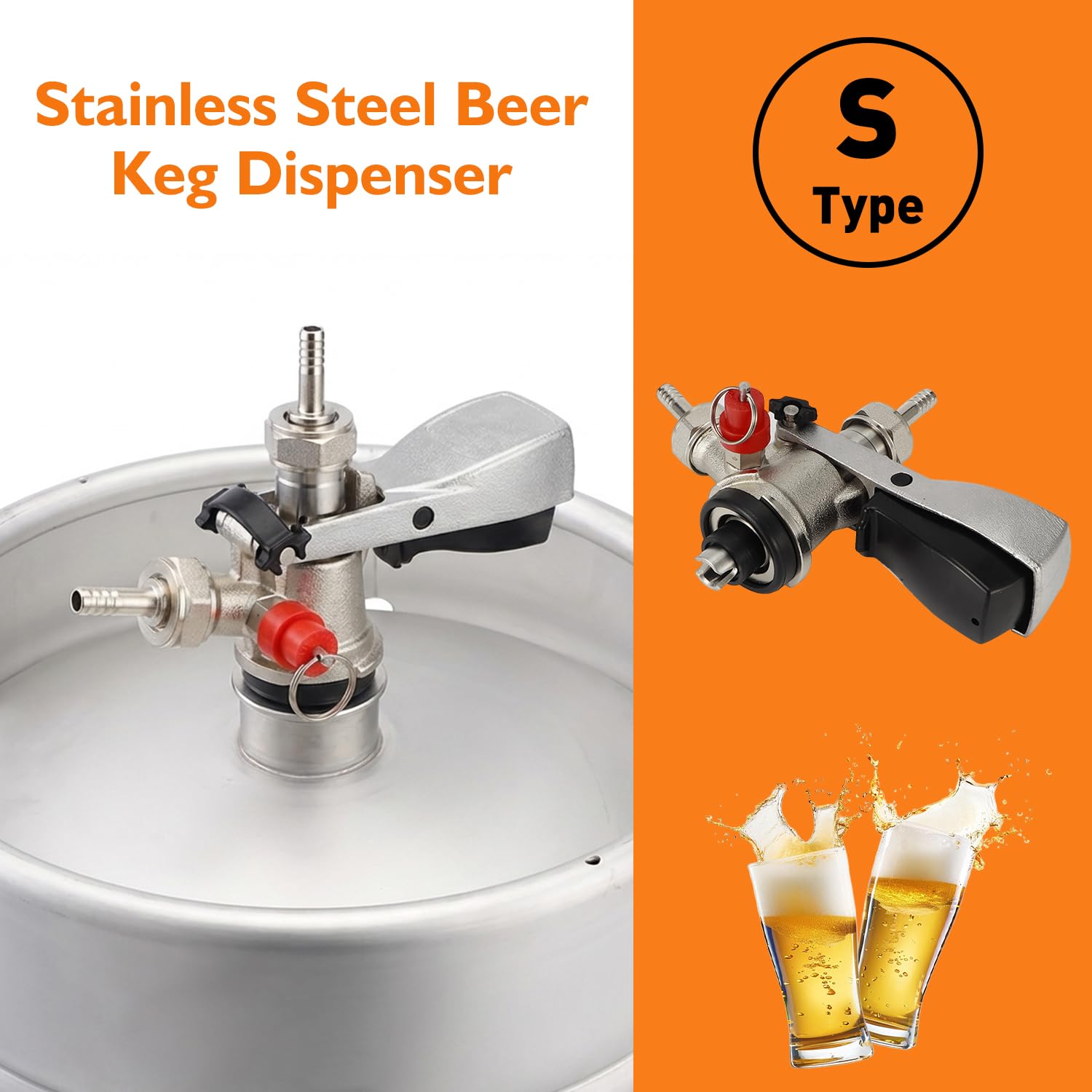 Tissting Kegverschluss Zapfkopf Typ S G5/8 Gewinde Keg Zapfanlage mit Überdruckventil, 304 Edelstahl Brauen Bierfass Fasshähne Bierzapfhahn für Heimbrausystem