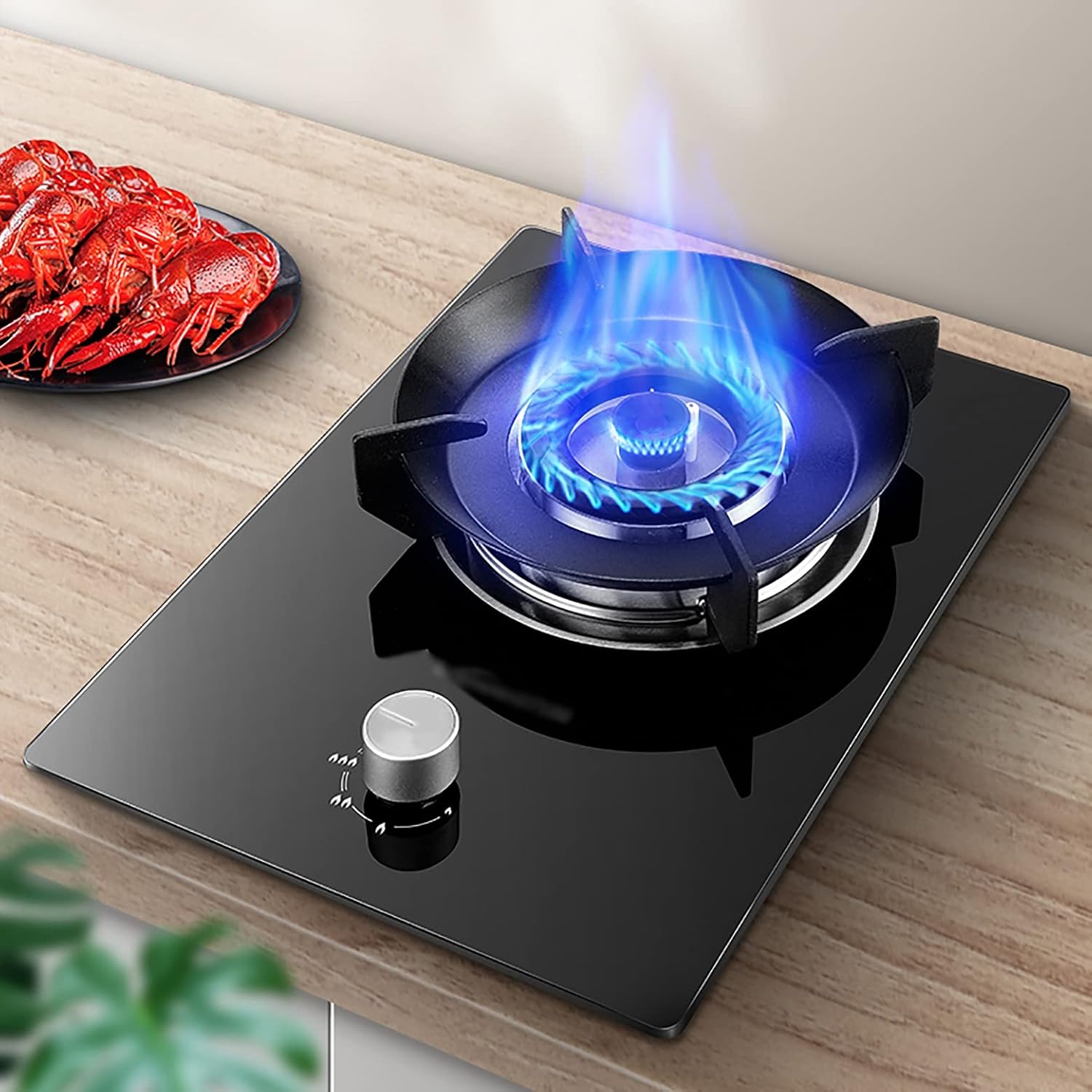 Gas Hob Cooker Gas Stove Built-in 32cm Cooktop Black Glass Cooker Hob in High Temperature Resistance 5.0kW Triple Ring Burner with FFD and Zinc Alloy Metal Knob NG/LPG Convertible [Energ