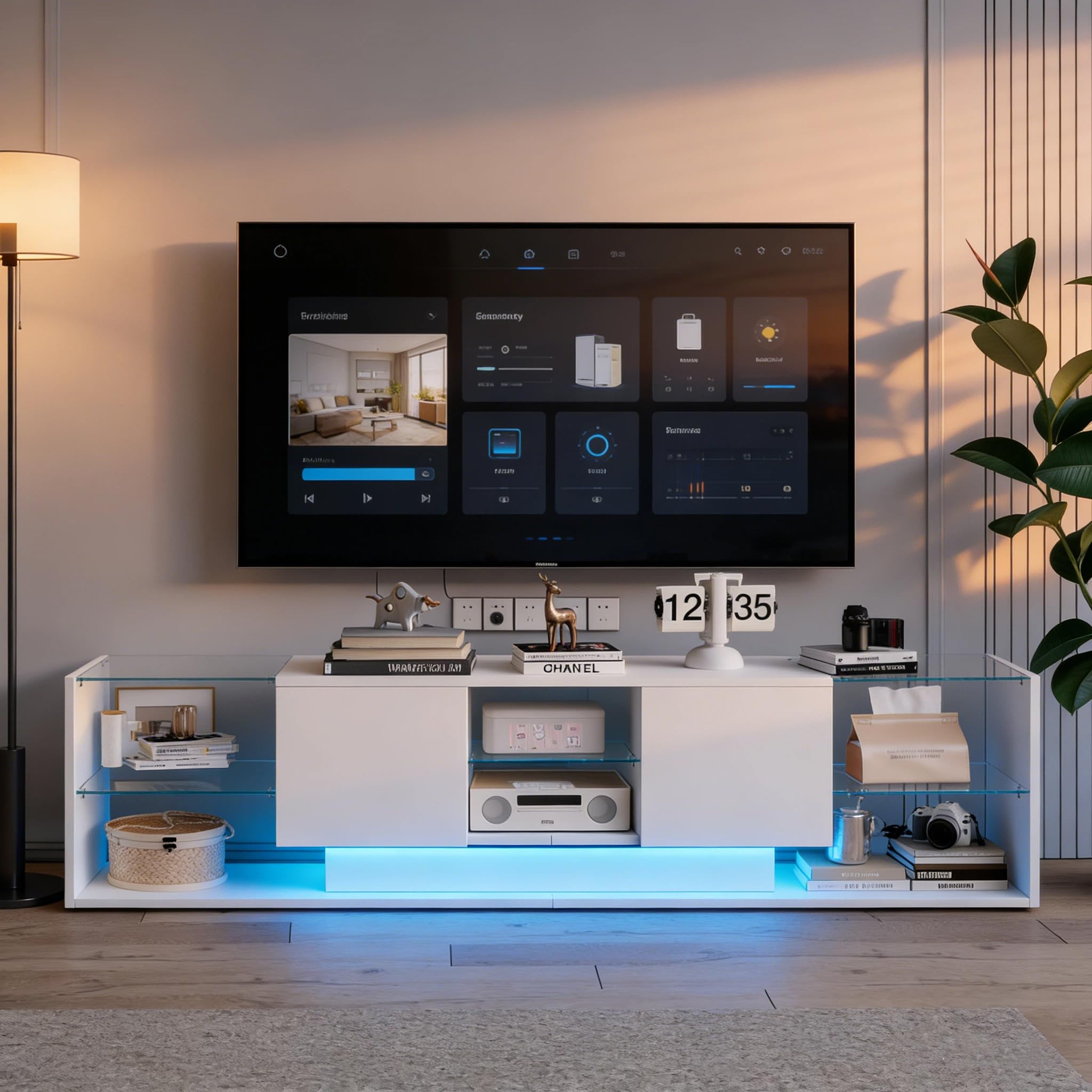 Meuble TV LED 200 cm, Meuble Télé Bas Moderne Brillant avec 2 Compartiments de Rangement et Étagère en Verre, Banc TV avec Rangement pour Salon, Design Contemporain, Blanc