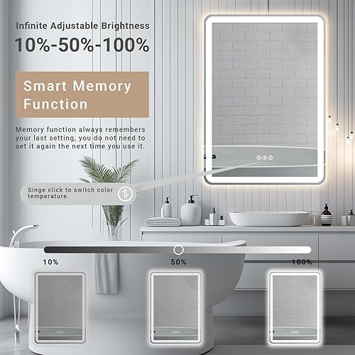 Miniatura 4 de Espejo de baño LED de 28 x 20 pulgadas con regulación continua, retroiluminación con retroiluminación con espejo digital de baño antivaho para