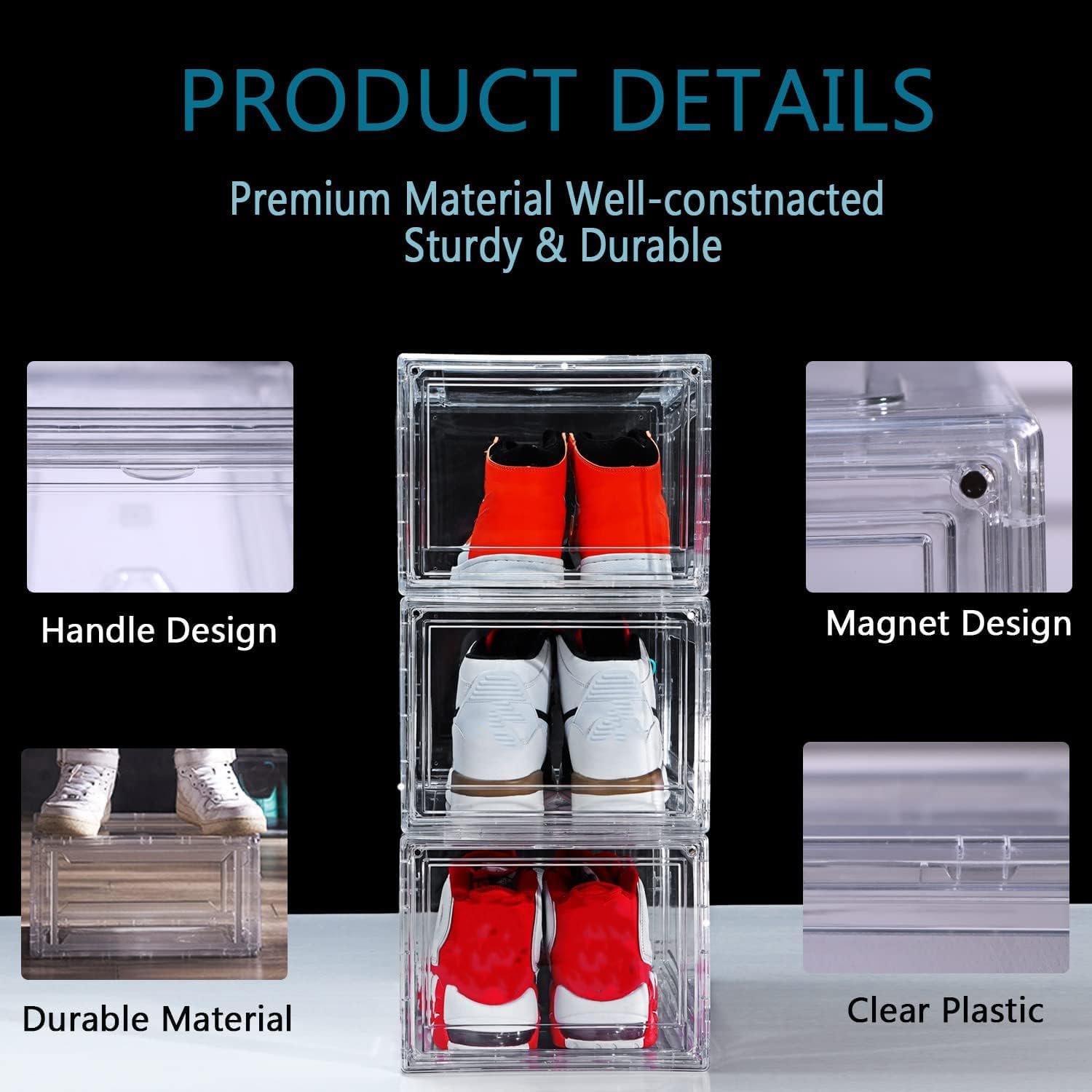 12 Pack Shoe Boxes, Clear Acrylic Plastic Shoe Boxes Stackable, Space-Saving Foldable Drop Front Shoe Storage Boxes Container for With Lids Fits Up to Size 15 (Transparency)