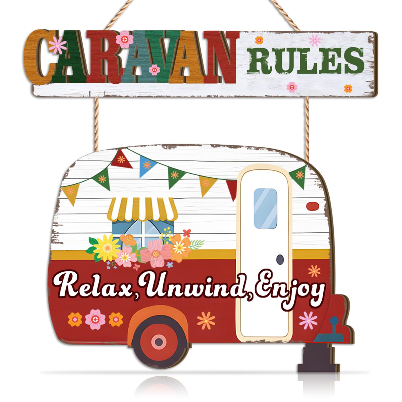 CHDITB Caravan Rules Hanging Wooden Sign Relax Unwind Enjoy Red Retro Camper Wall Plaque Vintage Floral Caravan Door Hanger for Campsite Outdoor Garden Camping Lovers Gift
