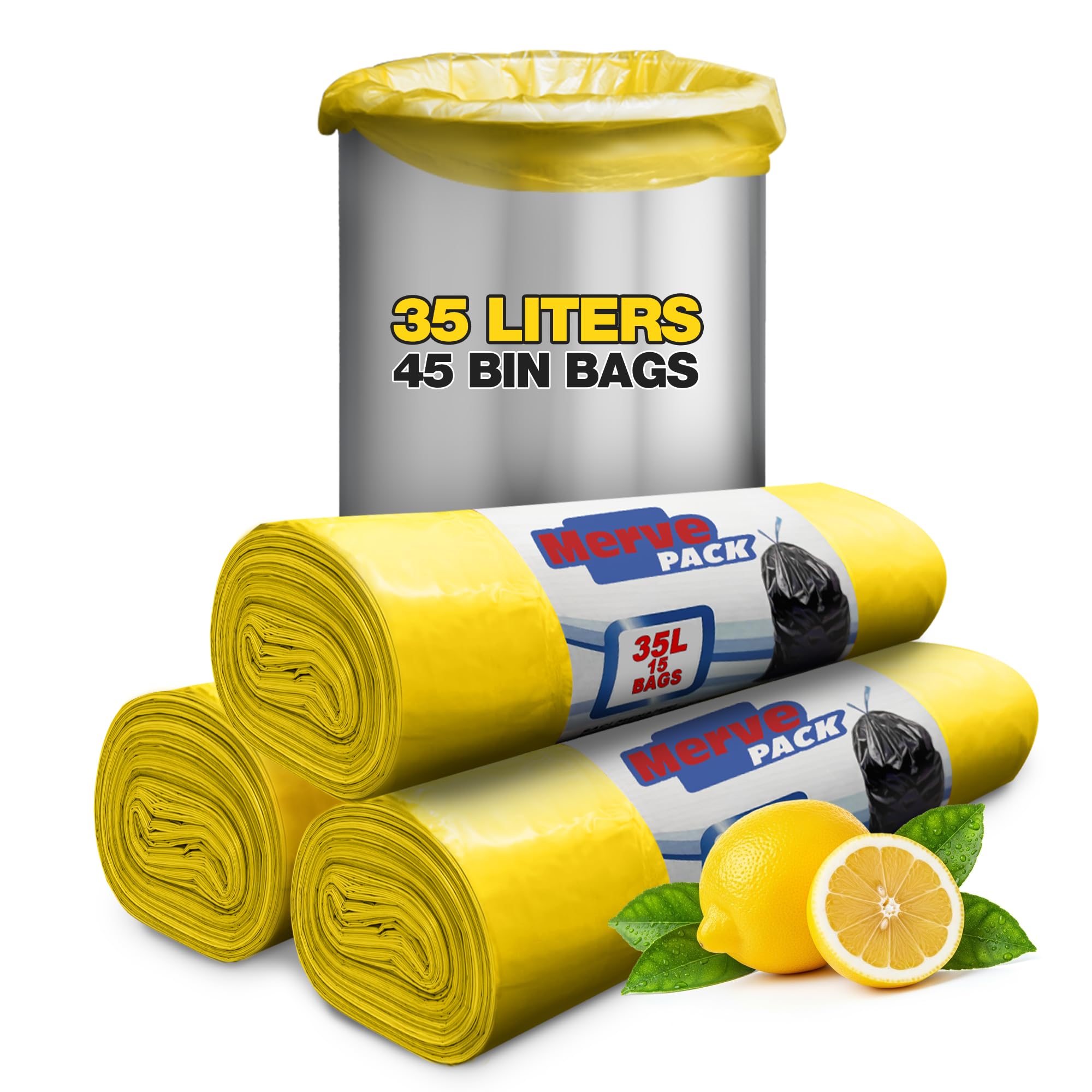 35L Bin Bags Lemon (45 Bags) – Scented Bin Liners Drawstring Bags for Kitchen & Bathroom Bins, Trash Bags, Pedal & Swing Bin Liners, Strong Bin Bags for Everyday Waste