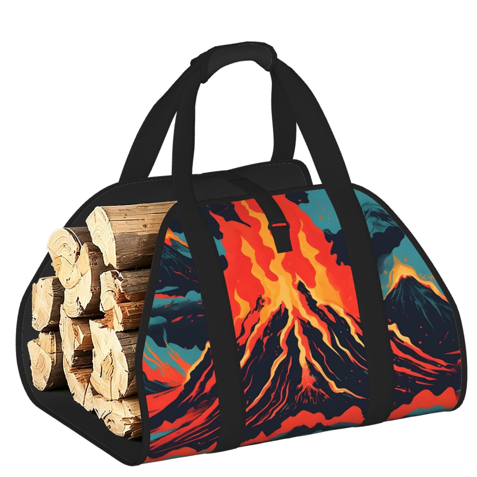 Volcano Printed Firewood Carrier Bag, Log Tote with Open-Ended Design for Camping Outdoor Wood Hauling