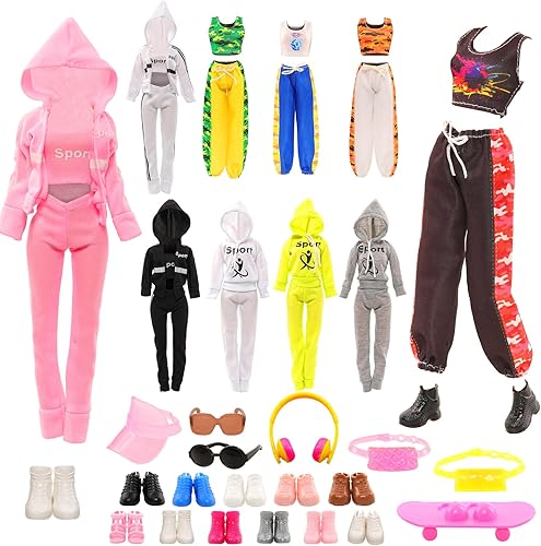Miniatura 2 de 16 piezas de ropa y accesorios para muñecas, incluyendo varios estilos deportivos, camisetas, pantalones, sombrero de sol, bolsillo, scooter, gafas