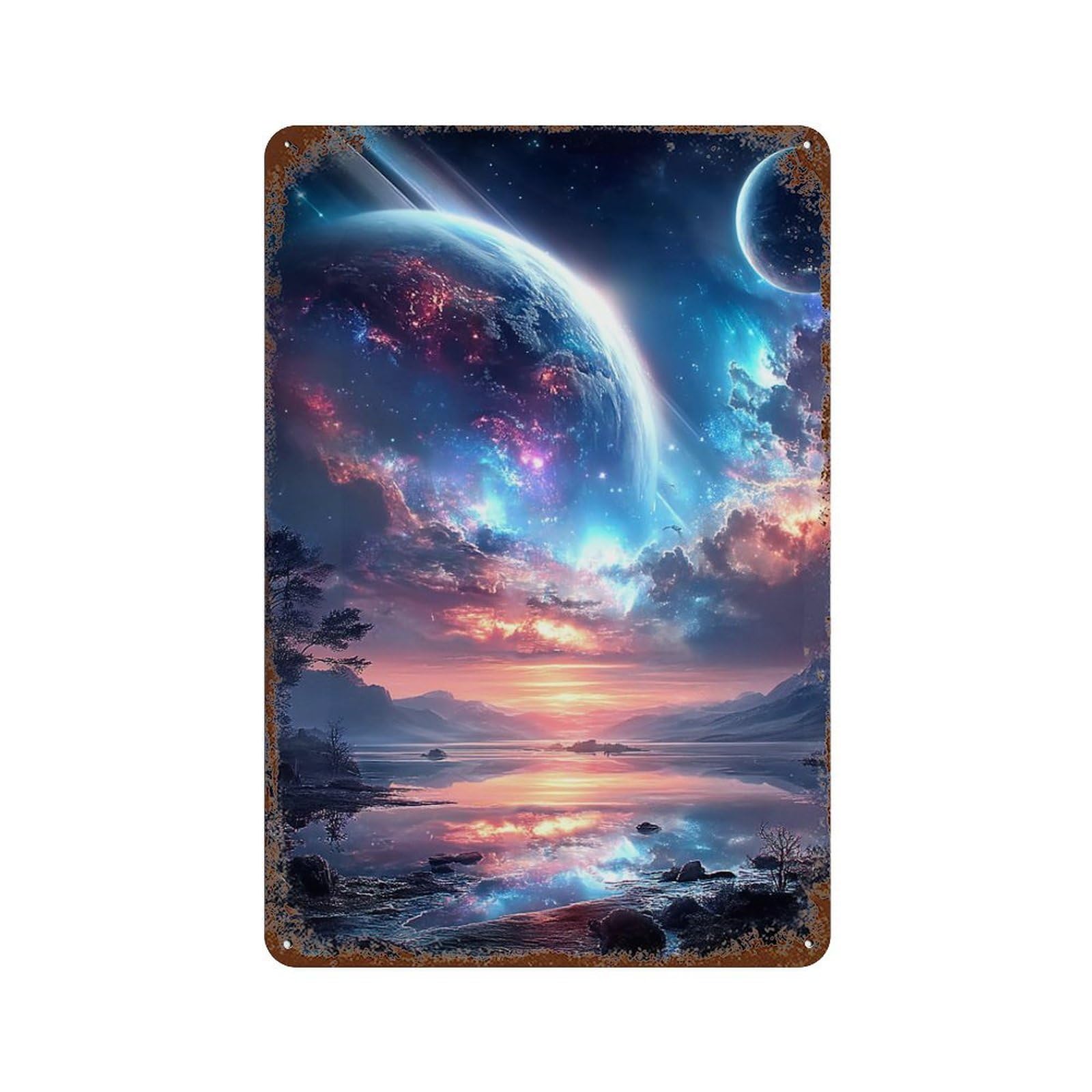 Galactic Reflections Celestial Landscape -1 Vintage Rust Metal Sign 11.8"x7.9", for Garage, Bar And Workshop Decor, Decorative Metal Wall Art