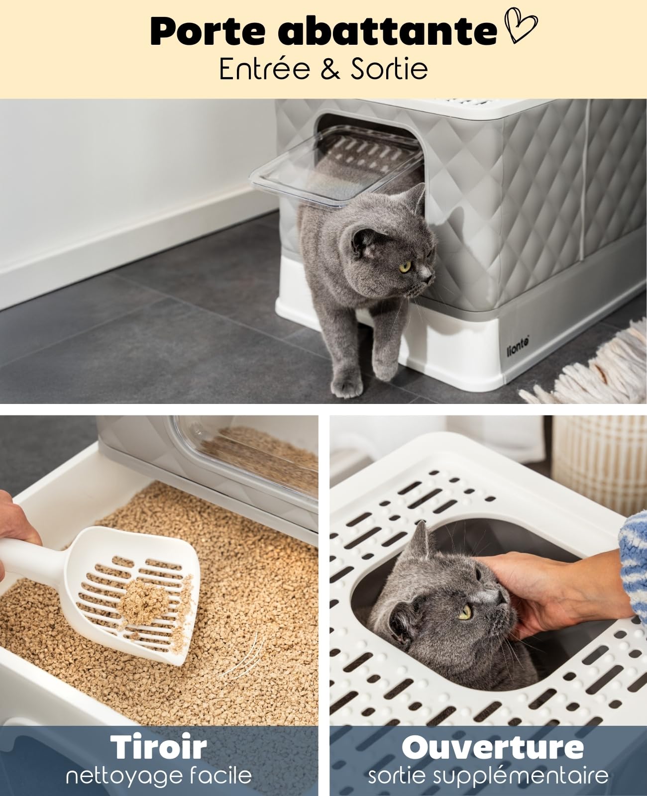 lionto Litière pour Chat avec tiroir et Pelle, 50,5x40,8x37 cm, bac à litière avec 2 Sorties et Fond Anti-Fuite, pour Chats jusqu'à 15 kg, Pliable, matériau PP Durable, Blanc-Gris
