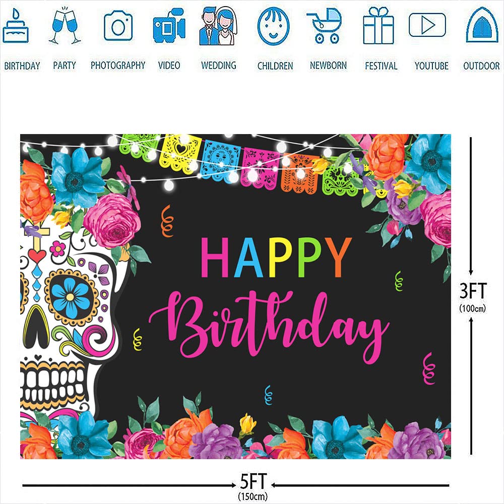 Tag Der Toten Fotohintergrund 1,5x0,9m – Mexikanische Fiesta Deko Mit Zuckerschädeln & Blumen