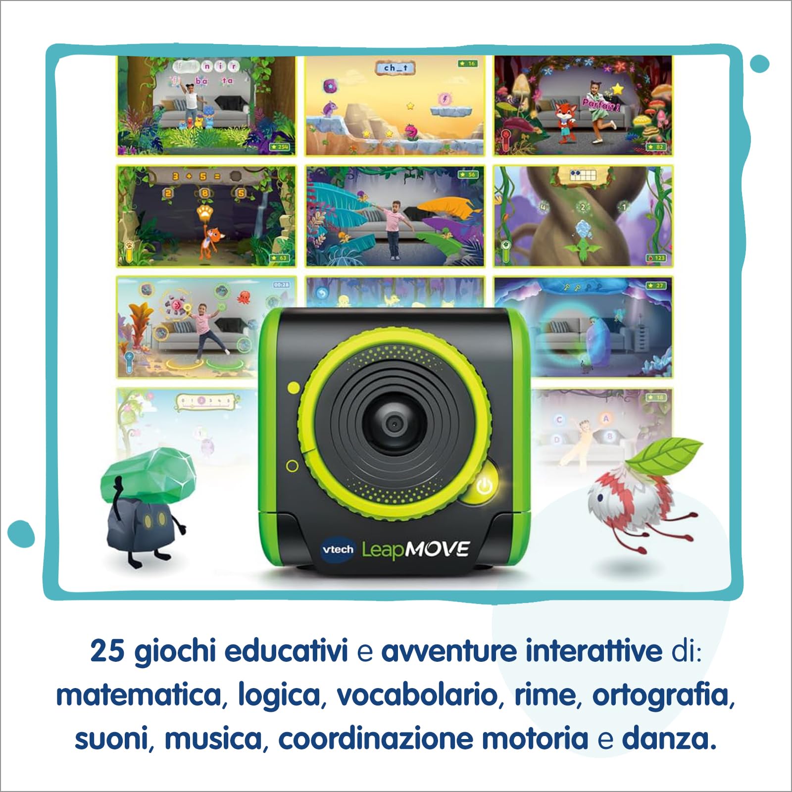 VTech LeapMove, Console TV Interattiva per Bambini, Rileva i Movimenti Senza Controller, Pronta all'Uso, 25 Giochi Educativi, 3 Profili Giocatore, Lingua Italiana, Cavi Inclusi, 4-11 Anni