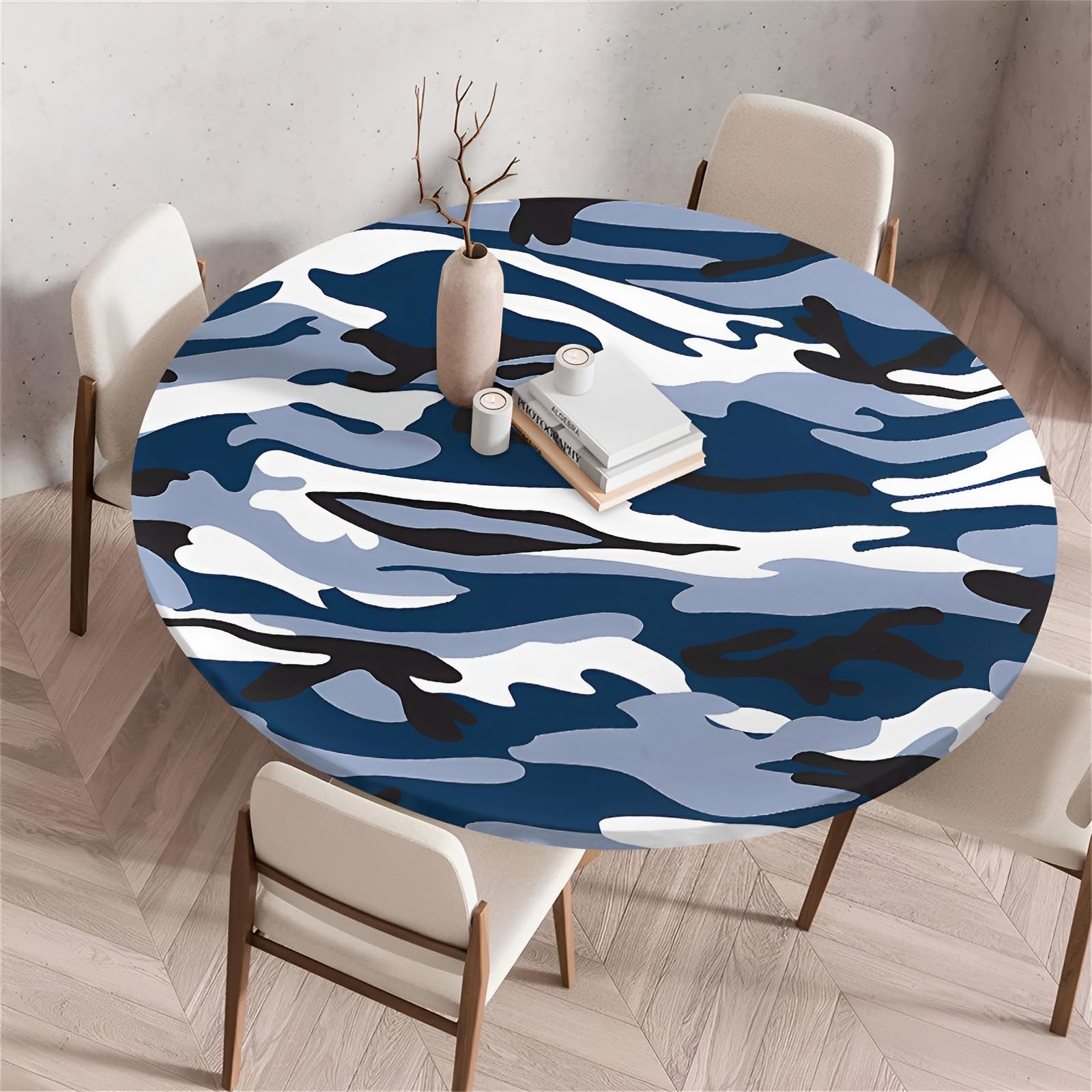 Treer Round Tablecloth, Abstract Leopard Print Wipeable Round Table Cloth, Washable Table Protector, Elastic Edged Fitted Backed Table Cover for Dinning Room Kitchen Picnic (Blue 2,120cm)