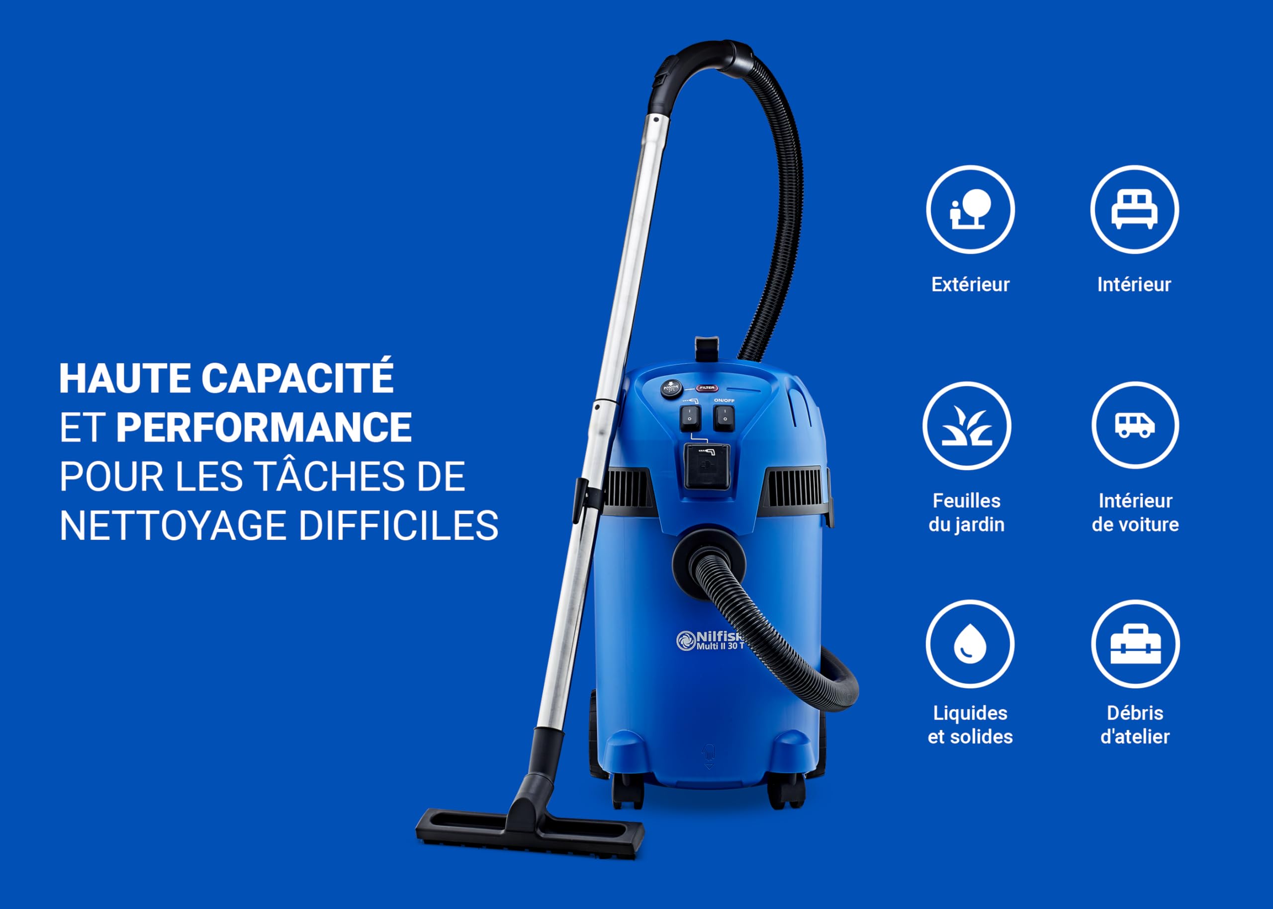 Nilfisk Multi II 30L T Aspirateur Eau et Poussière avec Prise Électrique pour la Maison, Jardin et Voiture (1400 W)