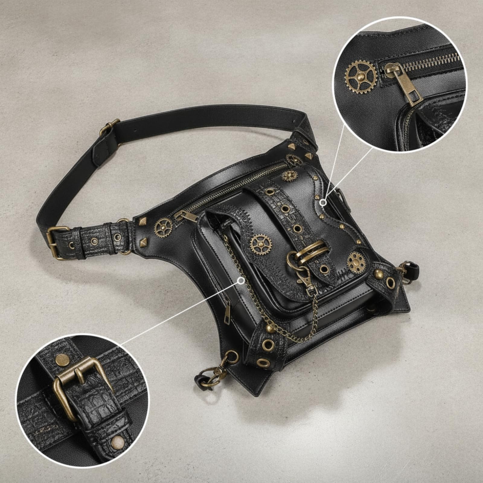 Pochette de Taille Sac Banane Ceinture Structurée avec Chaîne et Rivets Motifs Engrenages Esthétique Steampunk en PU Polyester Adaptée aux Concerts Conventions Cosplay Vie Quotidienne