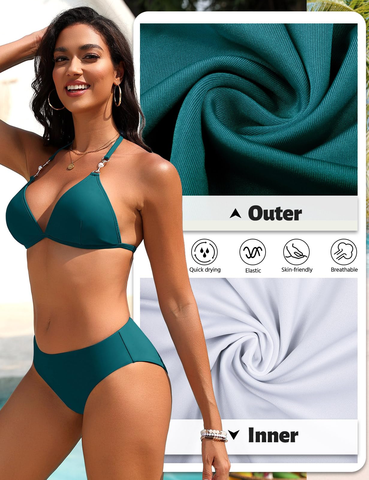 UMIPUBO Mujer Bikini Traje de Baño 2 Piezas Sexy con Triángulo Cuello en V Bañadore Conjunto Brasileño Halter Cintura Baja Tie De Dos Piezas con Perlas Playa La Natacion