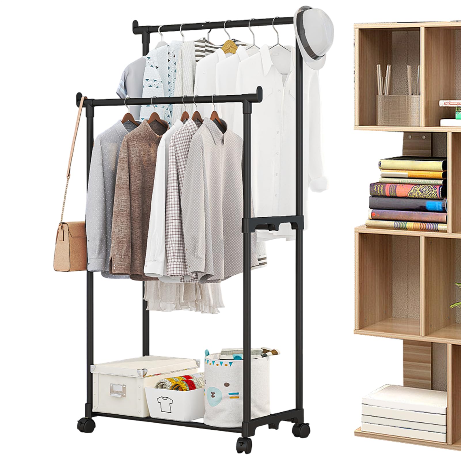 Burro De Ropa - Colgador De Vestimenta, Guardarropa | Soporte De Ropa Con Doble Barra Reforzada, Organizador De Vestuario Con Ruedas Giratorias Para Baño, Balcón, Habitación Juvenil, Garaje