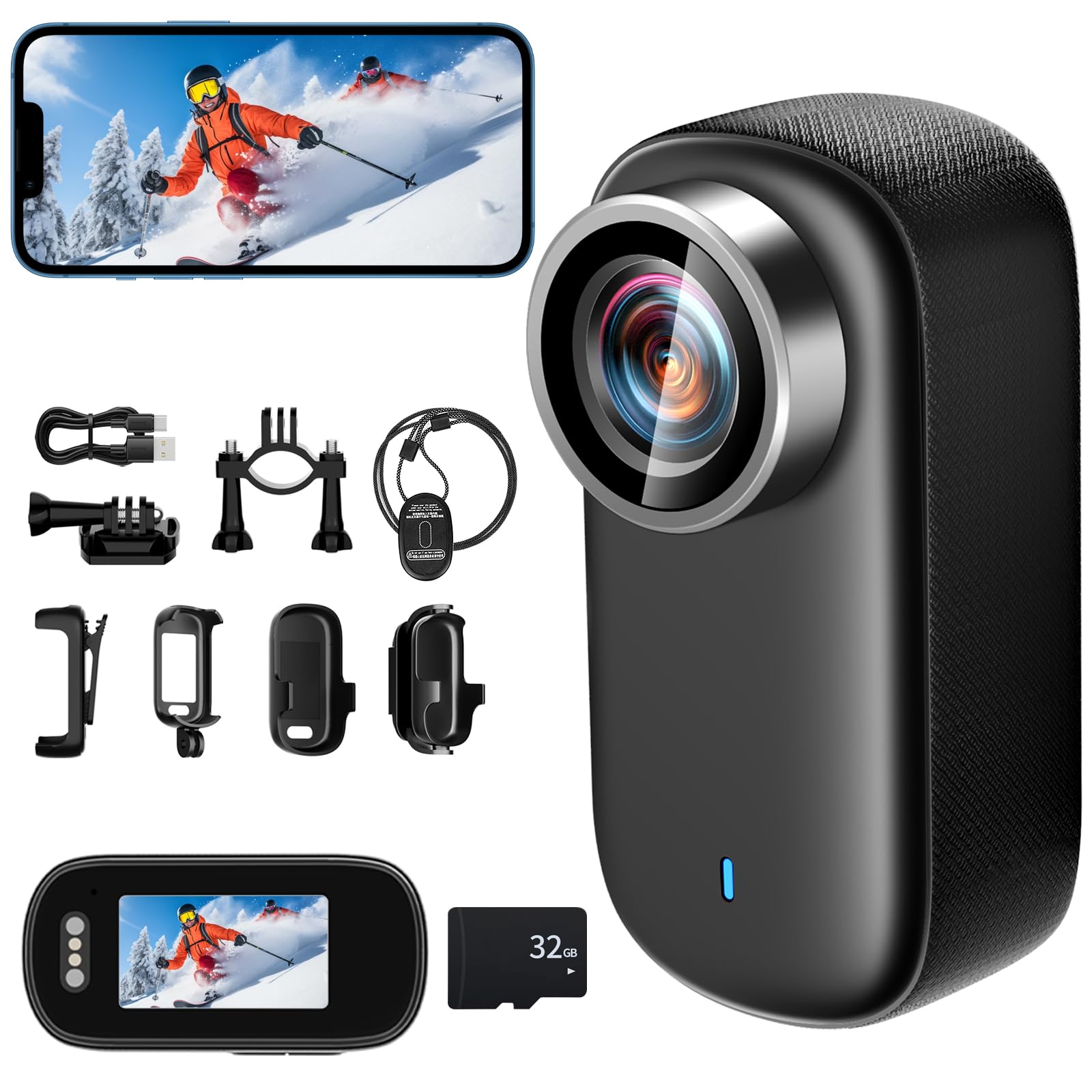 4Kアクションカメラ ウェアラブルカメラ 小型ビデオカメラ 小型Vlogビデオカメラ WiFi スマホ連携 1.47モニター搭載 123度広角 3時間稼働 HDR搭載暗視機能【32Gカード付属】256GB対応 53g軽量 上書き録画 IP65防水 Vlog/旅行/アウトドア/スポーツカメラ/ペット 記録用 携帯便利/バイク 自転車に取り付け可能 豊富なアクセサリー