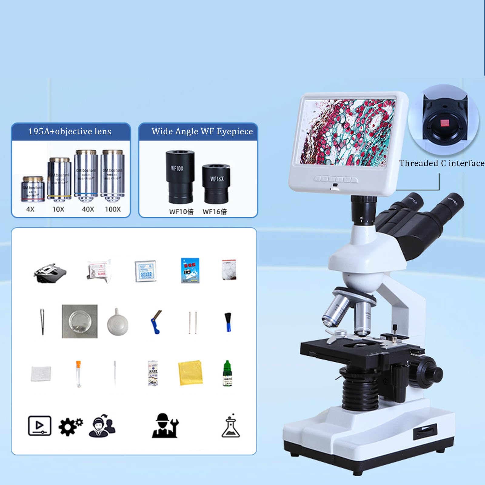 Microscopio Biologico, Microscopio Trinoculare Composto (1600X), con Vetrini, Display da 7 Pollici, Collegabile A Un Computer, Adatto per Laboratori Medici,White