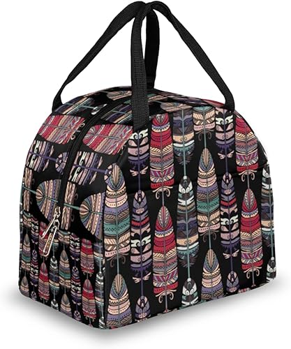 Bohoethnic Feathers Lunch Bag Insulated Lunch Box for Men Women Lunch Tote Bag Leakproof Meal Prep Bag Cute Lunchbag Lunchbox Bohemian Lunch Bags