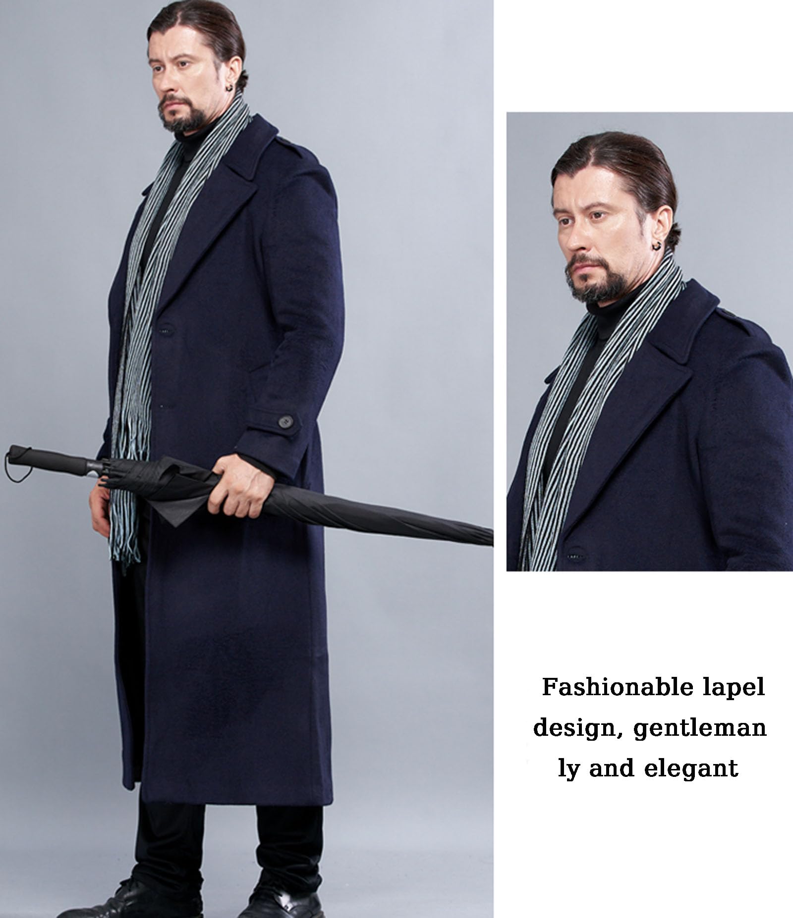 Trench Lungo da Uomo in Misto Lana, Monopetto, con Collo A Tacca, Stile Business, con Cintura,Dark Blue,L