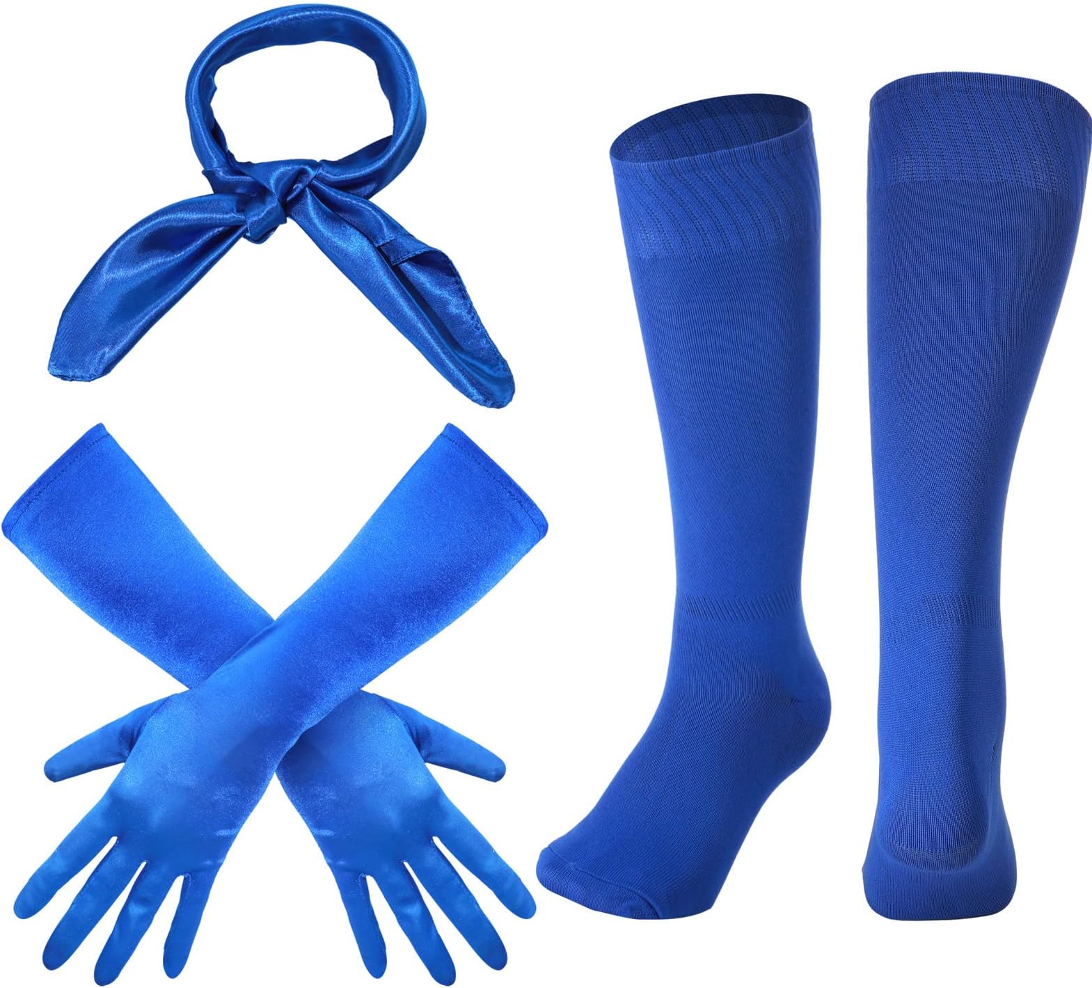 3 Pcs Halloween Costume Accessory Set, Include Retro Square Neck Scarf Neckerchief 15 Inch Stretchy Long Opera Satin Gloves Blue Athletic Compression Socks for Party Cosplay