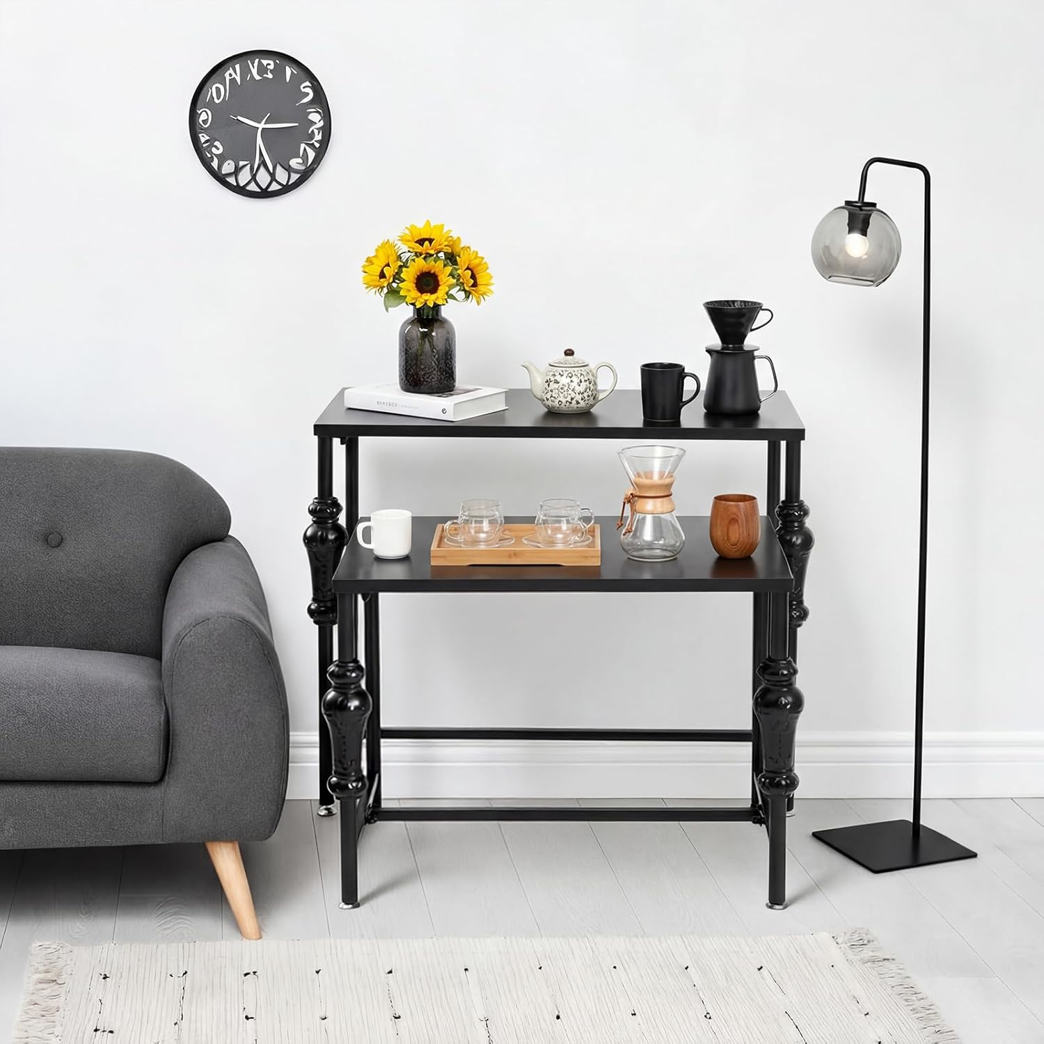 Novabright 2 Pcs Industrial Retail Display Table Set Nesting Standing Boutique Display Clothing Shoes Rack Metal Shelf Retro Black Store Furniture for Bag Accessories, Extra Large and Large