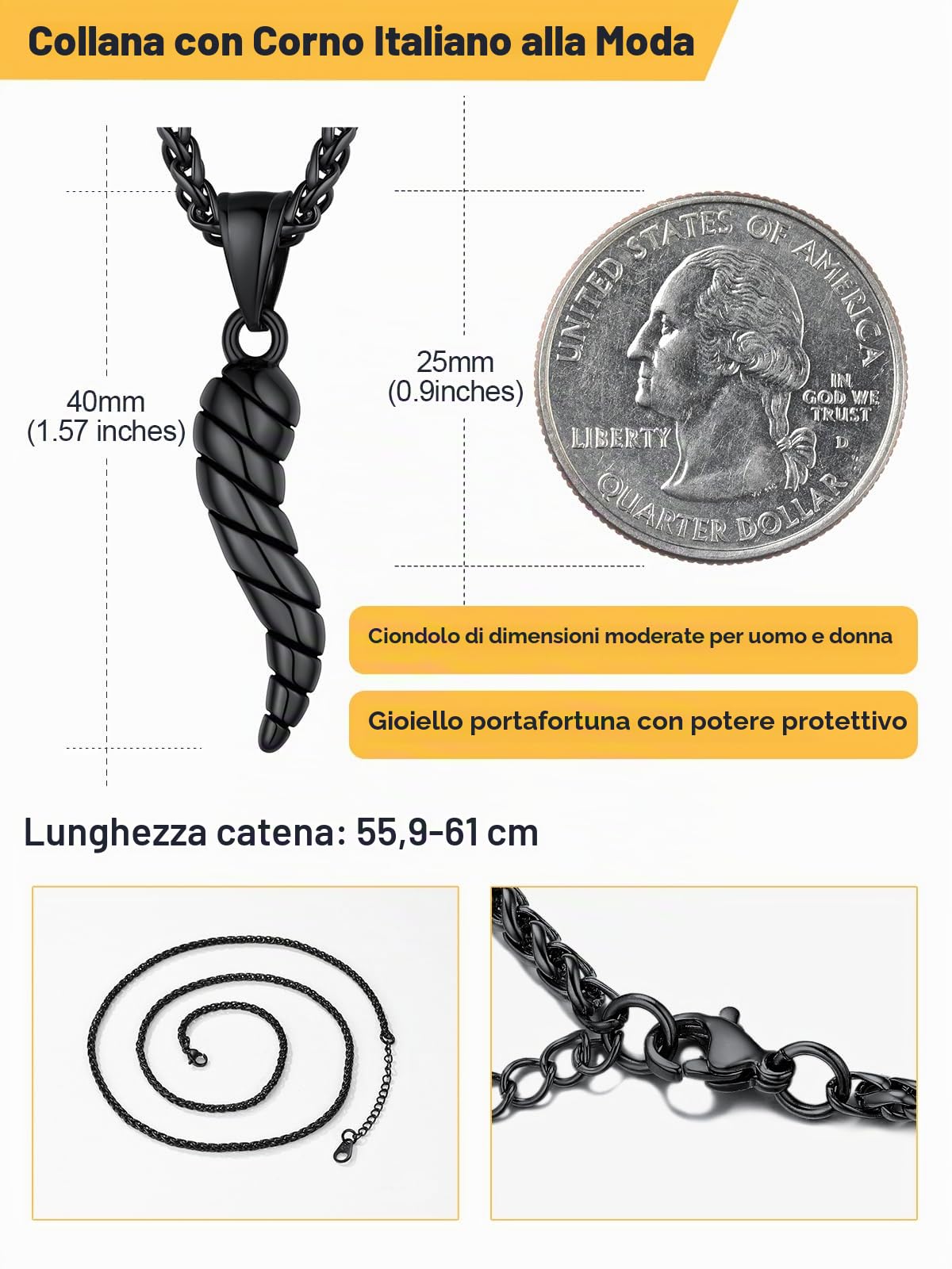 U7 Collana con Ciondolo Corno Italiano in Acciaio Inossidabile Placcato Oro Nero Blu Collana Cornicello Portafortuna Con Catena Acciaio Inossidabile Regalo per Uomo e Donna