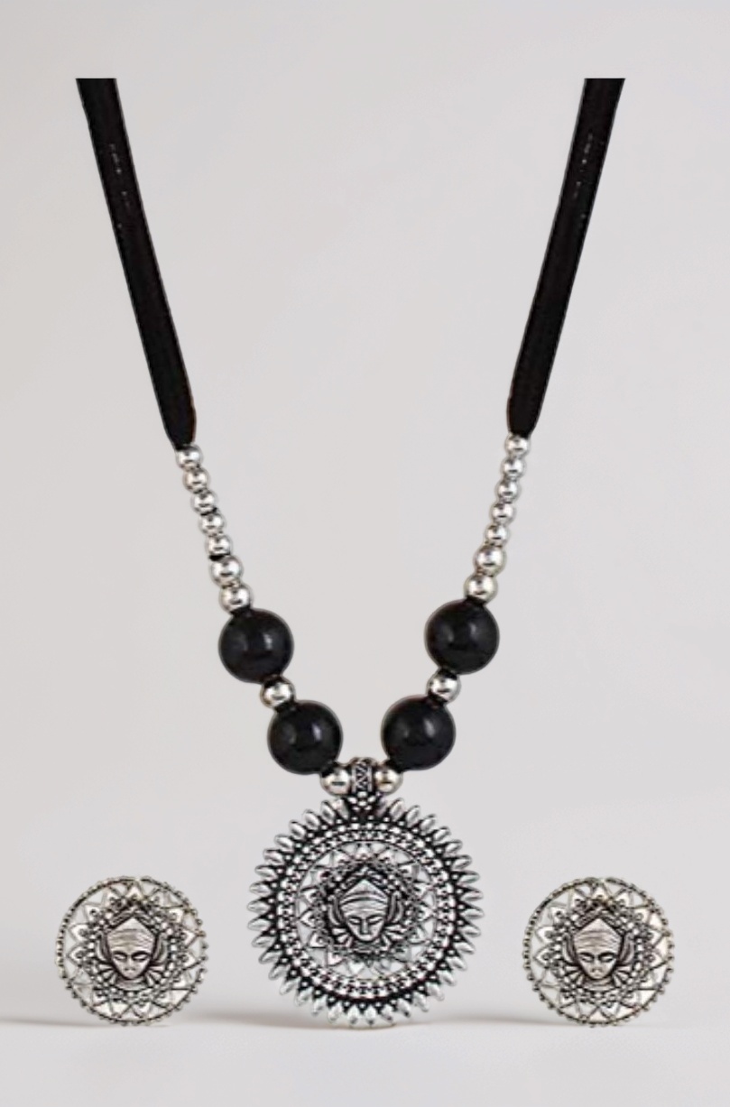 YouBella Fashion Jewellery Antique Oxidised Tribal Cotton Thread Jewellery Necklace Earring Set for Women & Girls.(Valentine Gift Special). (Black)