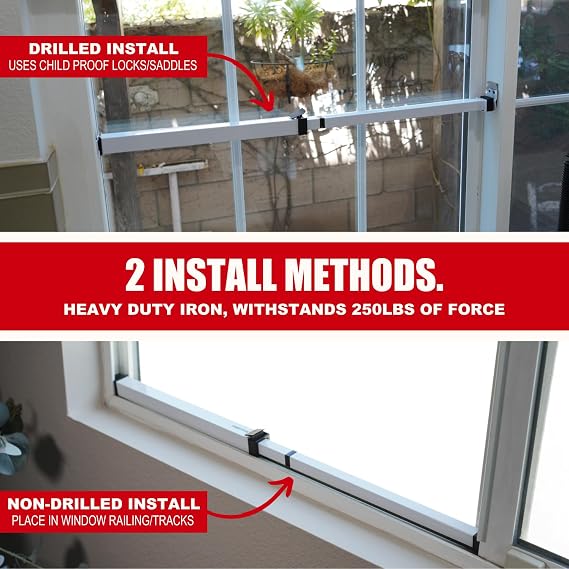 SecurityMan Window Security Bar - Easy to Install for Horizontal/Vertical Windows - Adjustable Window Lock Bar (Child Safe/Heavy Duty Iron) - Safety Bars