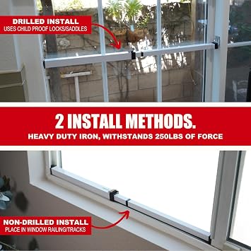 SecurityMan Window Security Bar - Easy to Install for Horizontal/Vertical Windows - Adjustable Window Lock Bar (Child Safe/Heavy Duty Iron) - Safety Bars
