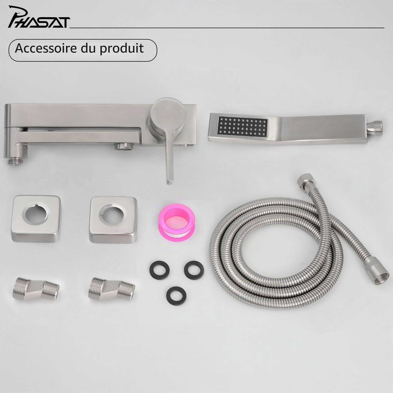 PHASAT Robinet de Baignoire avec Douchette, Mitigeur Baignoire avec Bec Rotatif à 90°, Nickel brossé PTBL17E