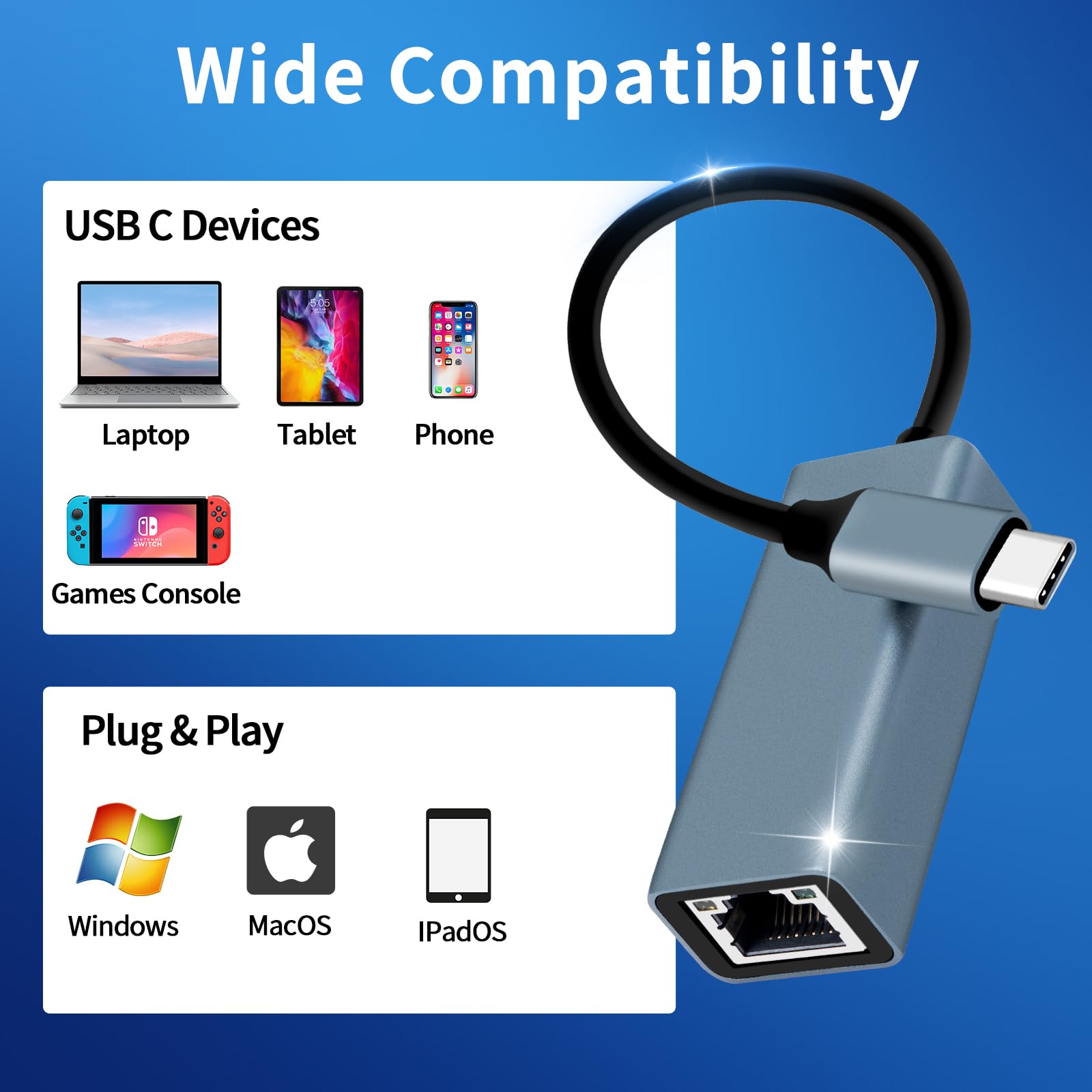 Adaptador USB C a Ethernet, USB Tipo C a RJ45 Adaptador Gigabit Lan 1000Mbps, Compatible para iPhone 15 Pro, iPad Pro/Air, MacBook Pro/MacBook Air, Galaxy S24